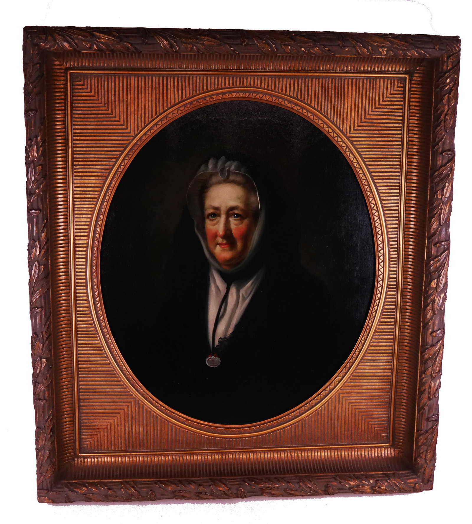 After John OPIE Portrait Mrs Mary Delany Reproduction Oil Painting: Modern oval reproduction oil on canvas study of Mrs.Mary Delany, in a modern frame. [Oval: 23" H x 19" W; Frame: 33" H x 28" W].