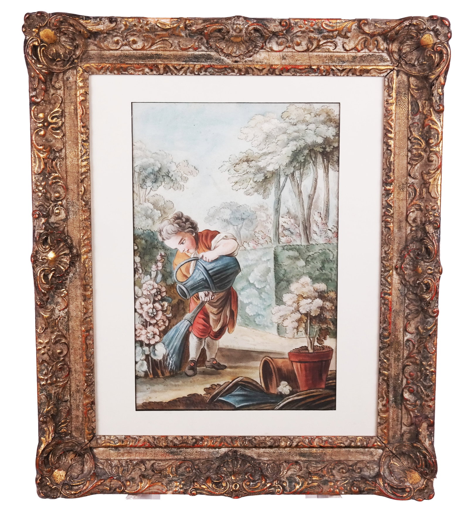 Antique Italian/English Watercolor Painting: Antique Italian/English watercolor on paper of a man with a watering can in a garden. [Art: 16 1/2" H x 10 1/2" W; Frame: 26:" H x 21" W].