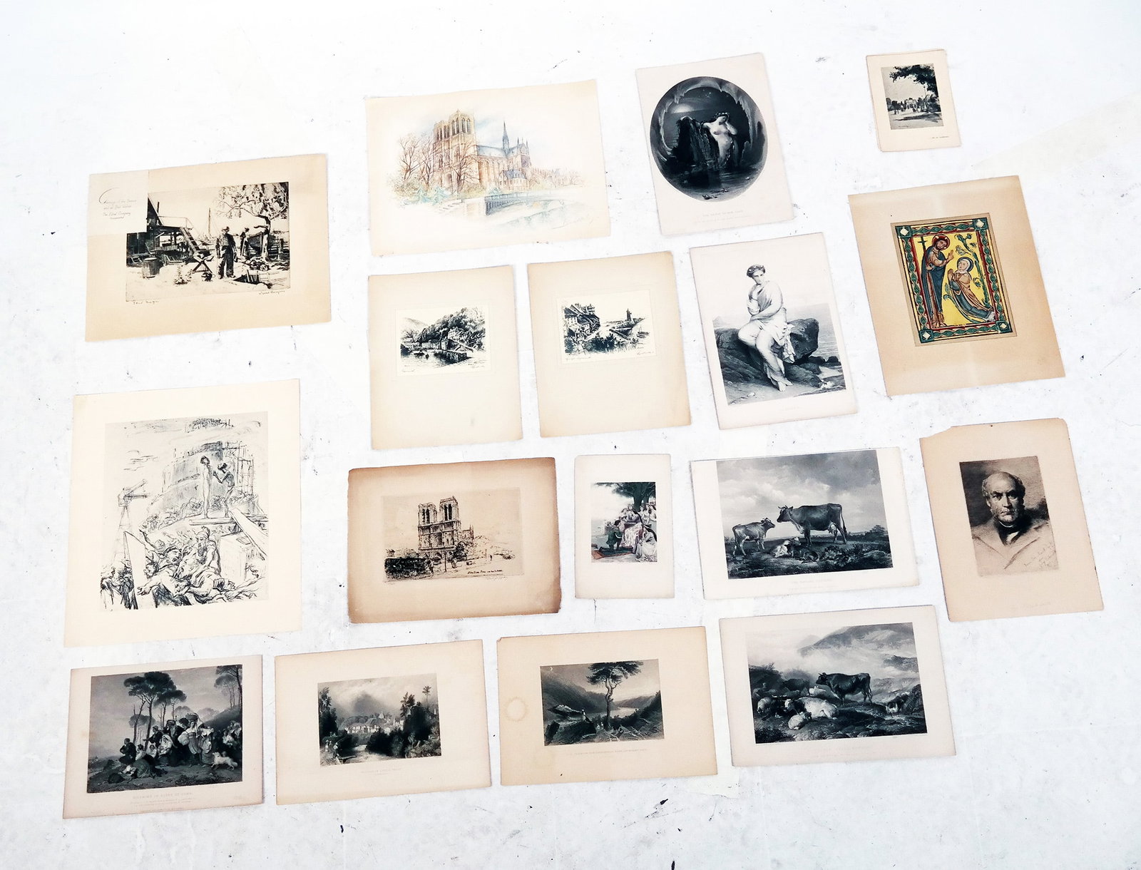 Assembled Group of Unframed Works (16): Assembled group of sixteen (16) unframed works, including a color pencil drawing of Notre Dame, Paris, signed "Bernadette"; a print of the Biblical Tower of Babel; a Paul Jeffay engraving; two R.H. Sm
