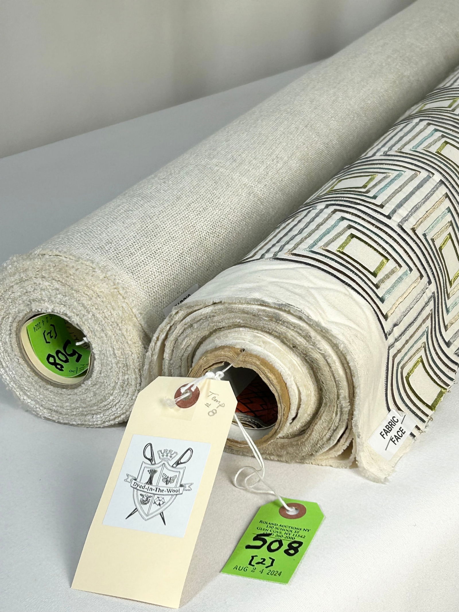 Geometric Embroidery and Coraggio Chenille Fabric: 1) 7 1/4 yards of modern D.V.R. Home viscose embroidery on off-white cotton canvas called "Squared Off", #2224 in green, aqua, tans and grey on off-white, 54" wide. Medium repeat of 4" vertical by 7 3