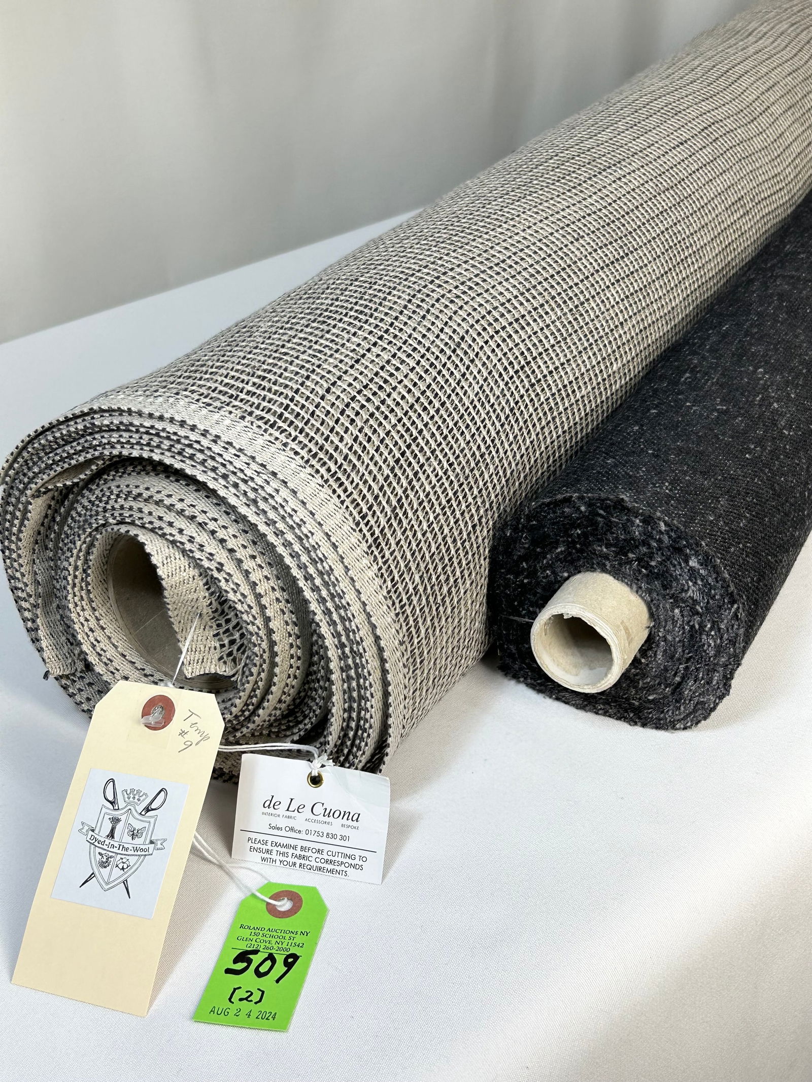 De Le Cuona Heavy Voile and Slubby Twill Fabric: 1) 18 3/4 yards of de le Cuona's "Viking Cloth", #VIK5, a heavy linen voile in "Black & Natural", 64" width. There are two lengths on one tube: 11 yards on the inside and 7 3/4 yards on the outside. M