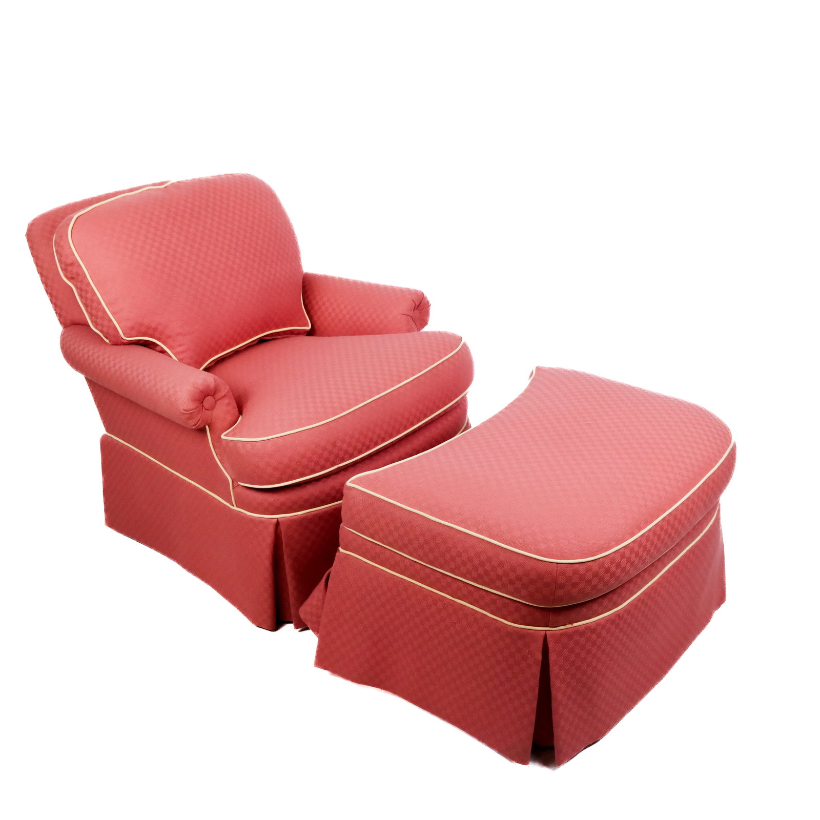 Upholstered Lounge Chair and Ottoman: Upholstered lounge chair and ottoman. [Chair: 31" H x 32 1/2" W x 36" D; Ottoman: 18" H x 27" W x 20 1/2" D].