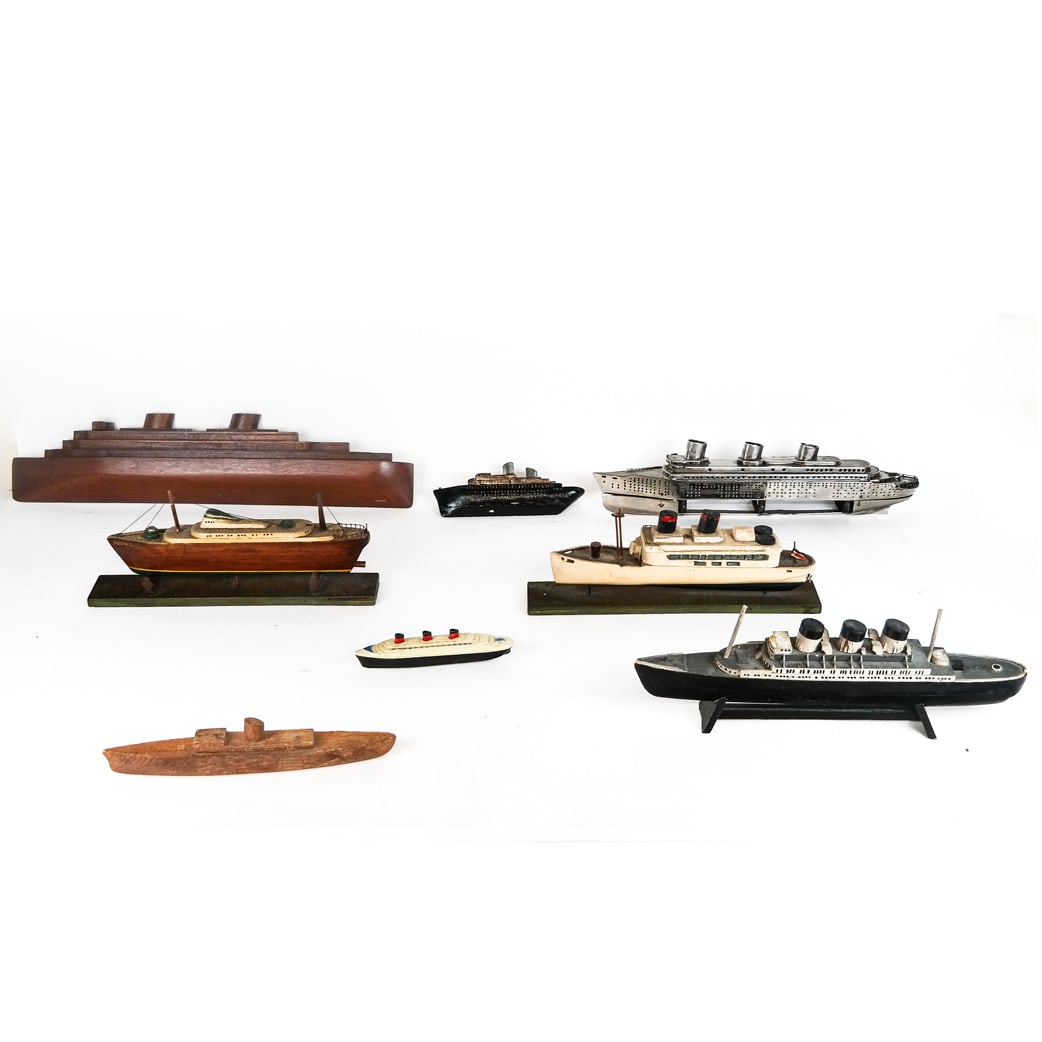Group of Vintage Ship Models (8): Group of eight (8) vintage boat and ship models, of nautical/maritime interest, in wood and metal. [Longest: 5 1/2" H x 23" W x 2 1/2" D].