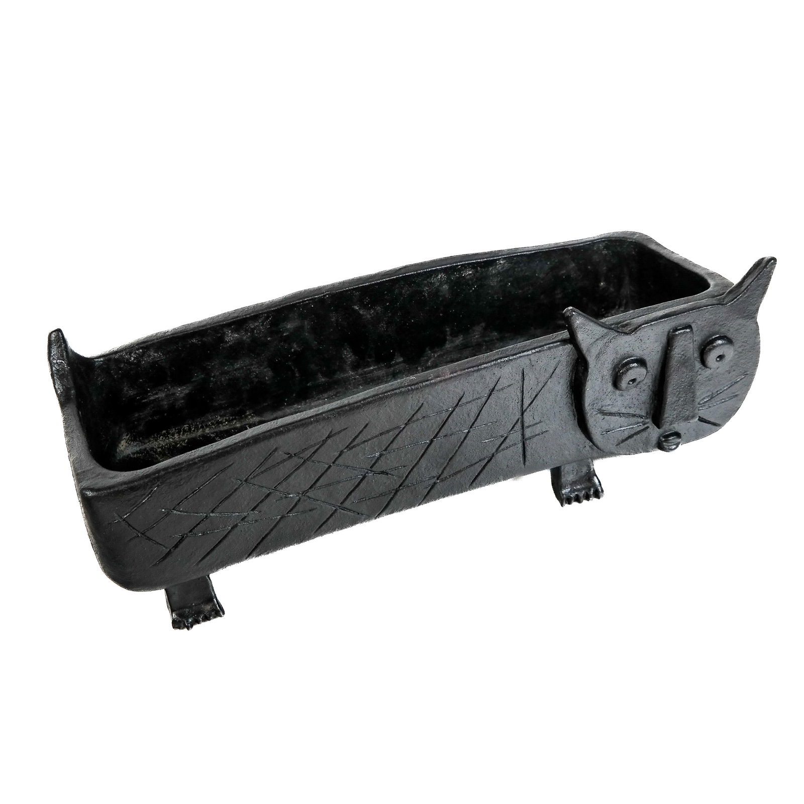 Manner of Andre Masson Cat Planter: Black-glazed pottery ceramic cat planter, in the manner of Andre Masson, bearing mark to base. [6 3/8" H x 16 1/2" W x 7 3/4" D].