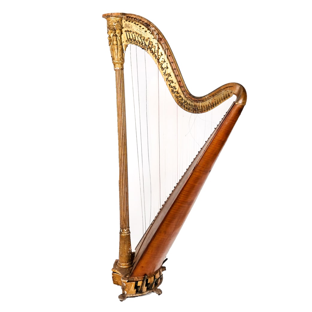 Erard Antique Giltwood & Mahogany Harp: Erard antique giltwood and mahogany harp. [67" H x 35" W x 16" D]. Requires restoration; in distressed condition with numerous losses to strings, giltwood and carving.