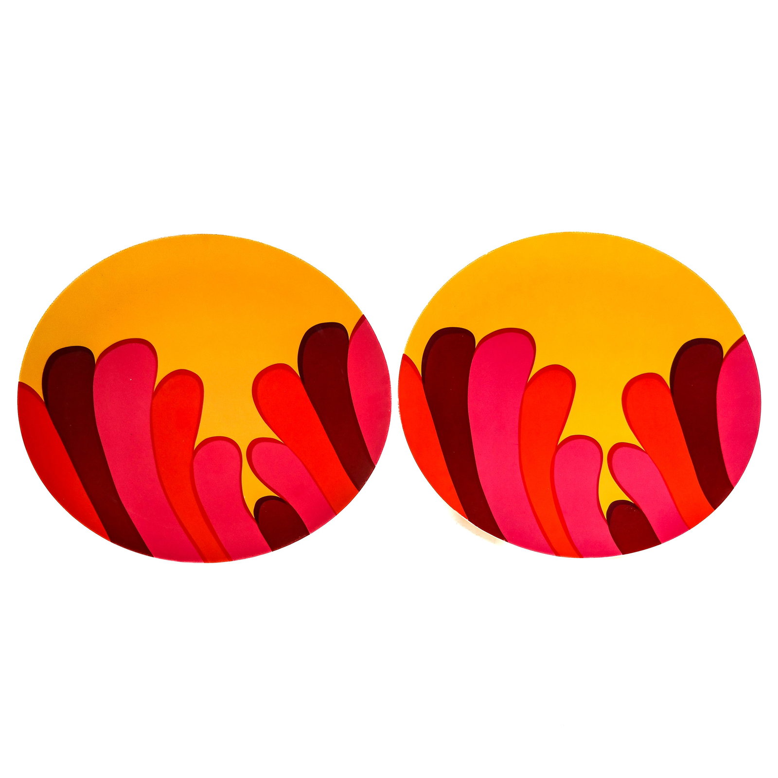 Pair of Marimekko for Target Trays: Pair of Marimekko for Target melamine trays, decorated in yellow, orange, red and pink, bearing original labels to base. [18 7/8" Diam.].