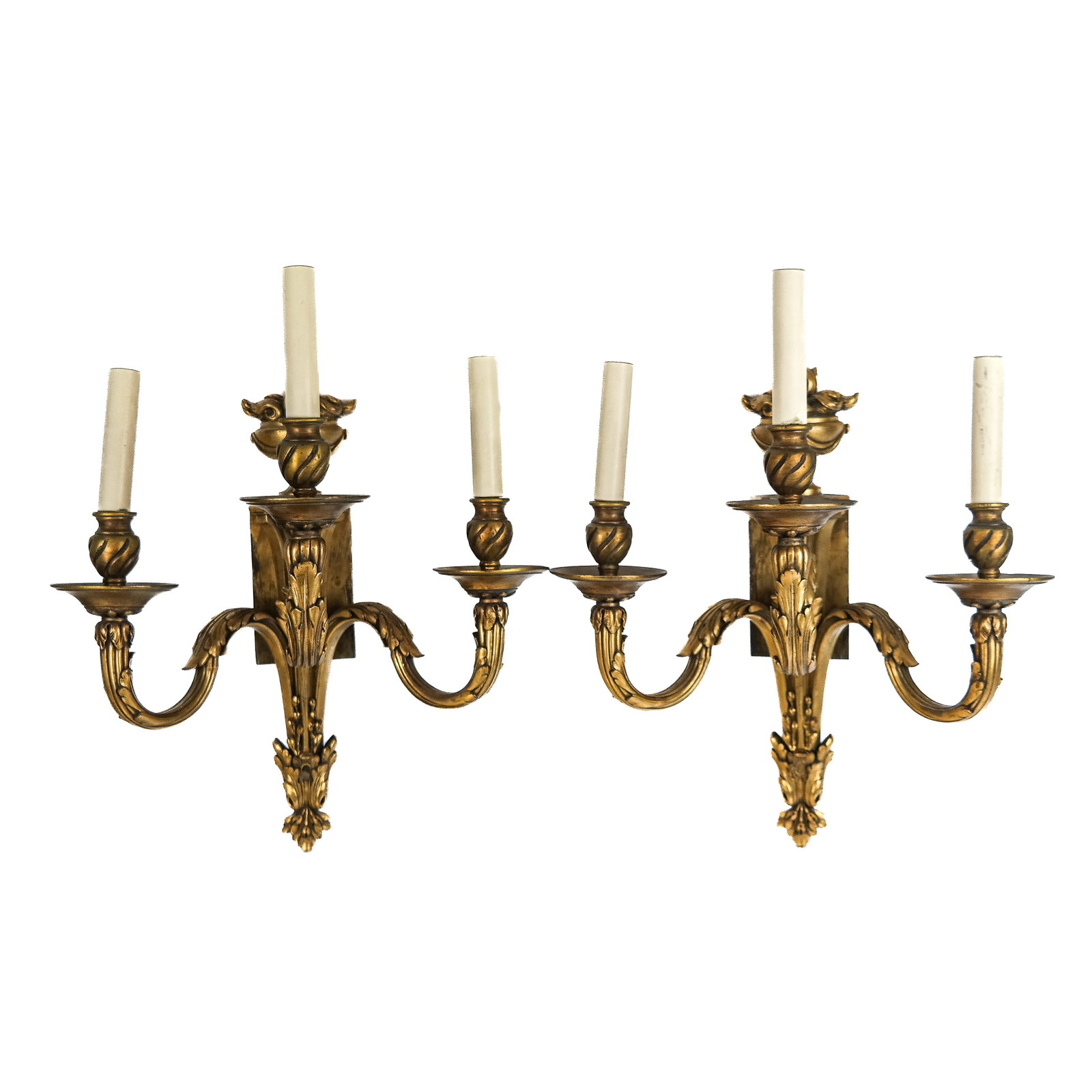 Pair of Louis XVI-Style Gilt Bronze Sconces: Pair of Louis XVI-style gilt bronze sconces, decorated with acanthus leaf, gadrooning and swag motifs, electrified. [18" H x 13" W x 9" D].