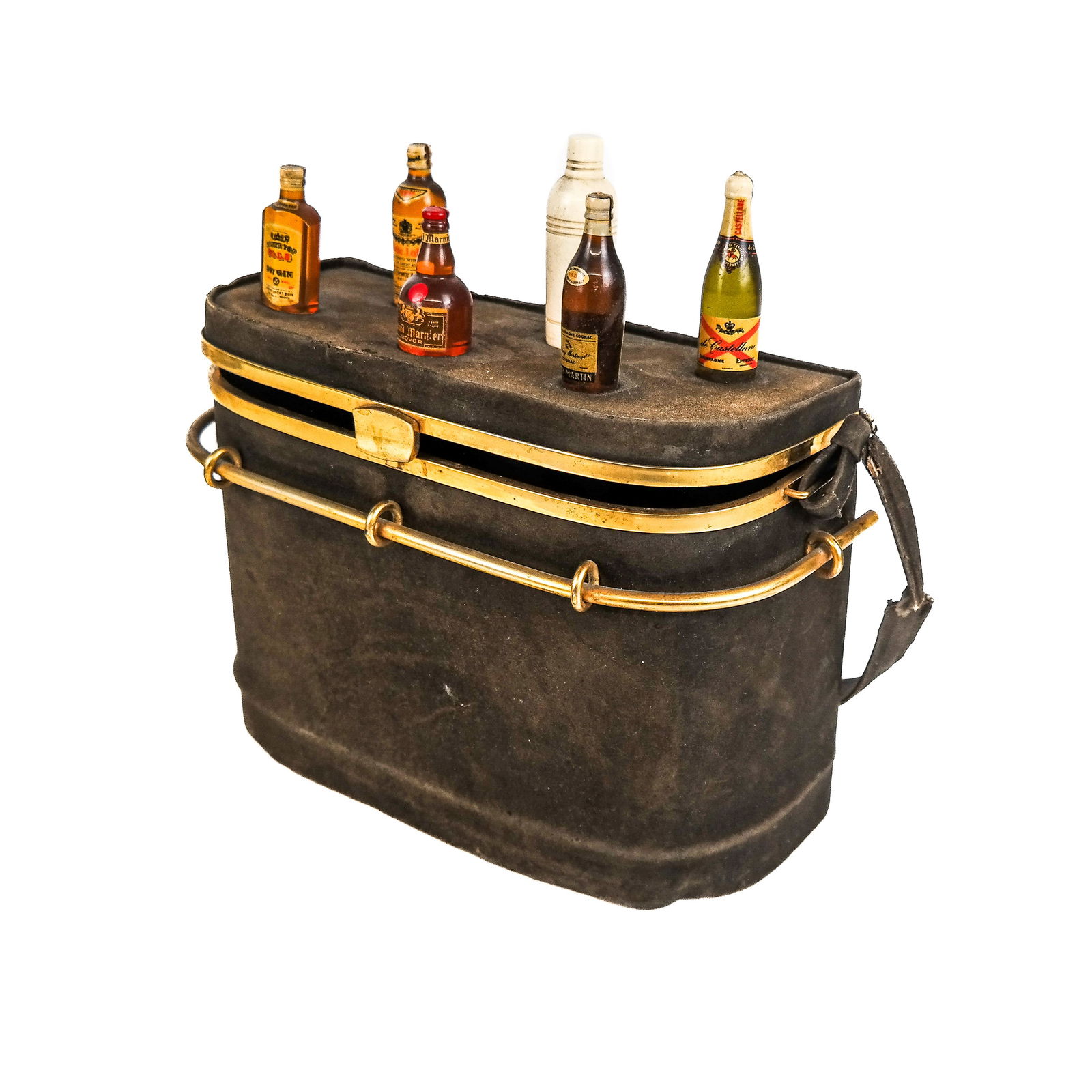 Antique French Art Deco Handbag: Antique French Art Deco handbag modeled as a bar with liquor bottles and cocktail shaker lid, the interior marked "Anne-Marie, 228 Rue de Rivoli, Hotel Meurice, Paris". [8 1/2" H x 9" W x 4" D]. Purse