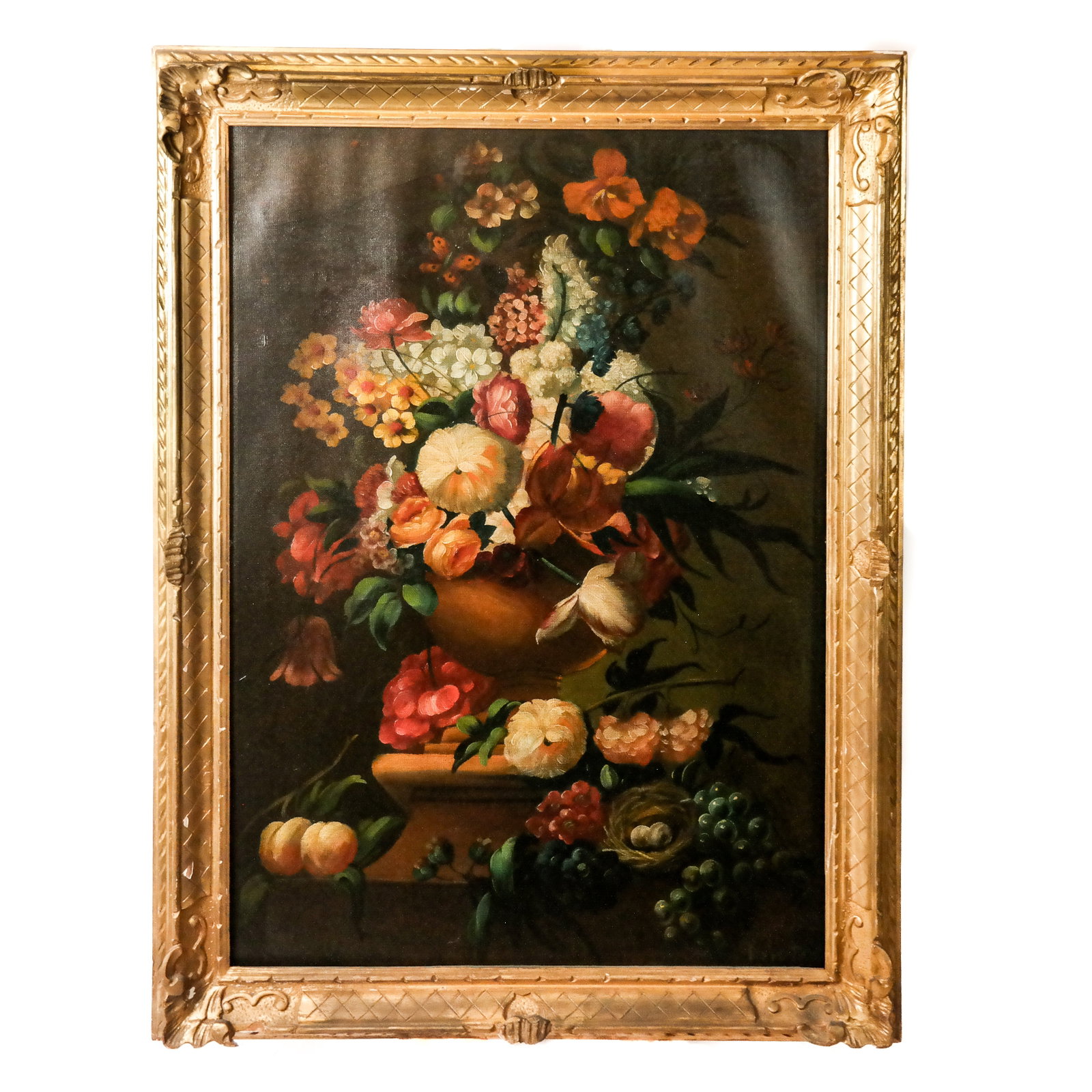 Signed "RANTA (?)": Floral Still Life: Flemish-style floral still life of eggs in a nest, signed possibly "Ranta" lower right. [Art: 39" H x 27" W; Frame: 46" H x 34" W]. Chips to frame.