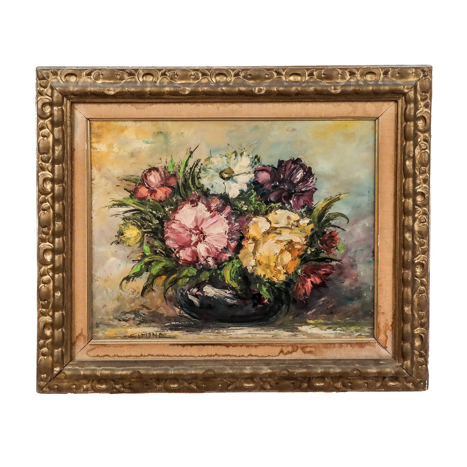 SIMONE: Floral Still Life - Oil Painting: Oil on panel floral still life, signed "Simone" lower left. [Art: 10" H x 13" W; Frame: 16" H x 19" W]. Frame water damaged.