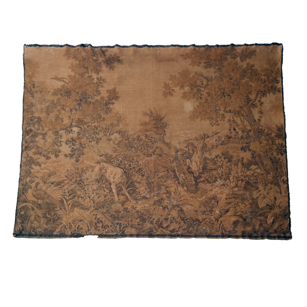 Unframed Machine Tapestry: Unframed machine-made tapestry depicting a horizontally-oriented landscape. [6' x 9' (72" x 108")].