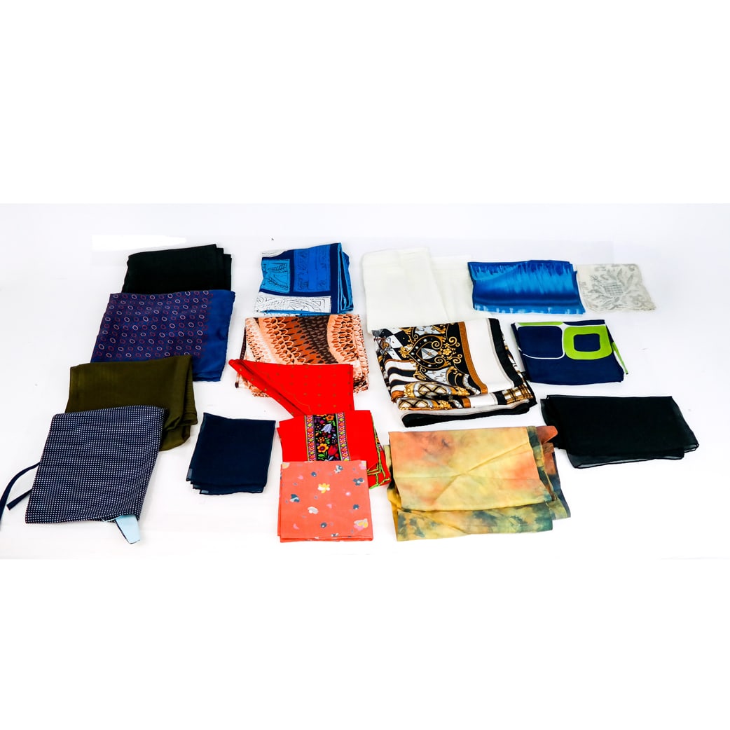 Group of Vintage Scarves, Hankies & Halter Top (16: Group of sixteen (16) vintage scarves, handkerchiefs and halter top, comprising examples by Mark Cross, Saks Fifth Avenue, Kriska, and others. [Mark Cross: 34" x 34"].