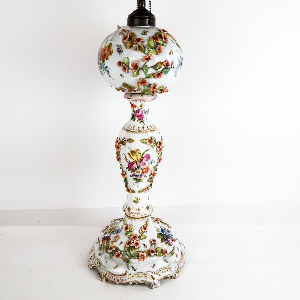 Large Dresden Flower-Encrusted Oil Lamp (1 of 12)