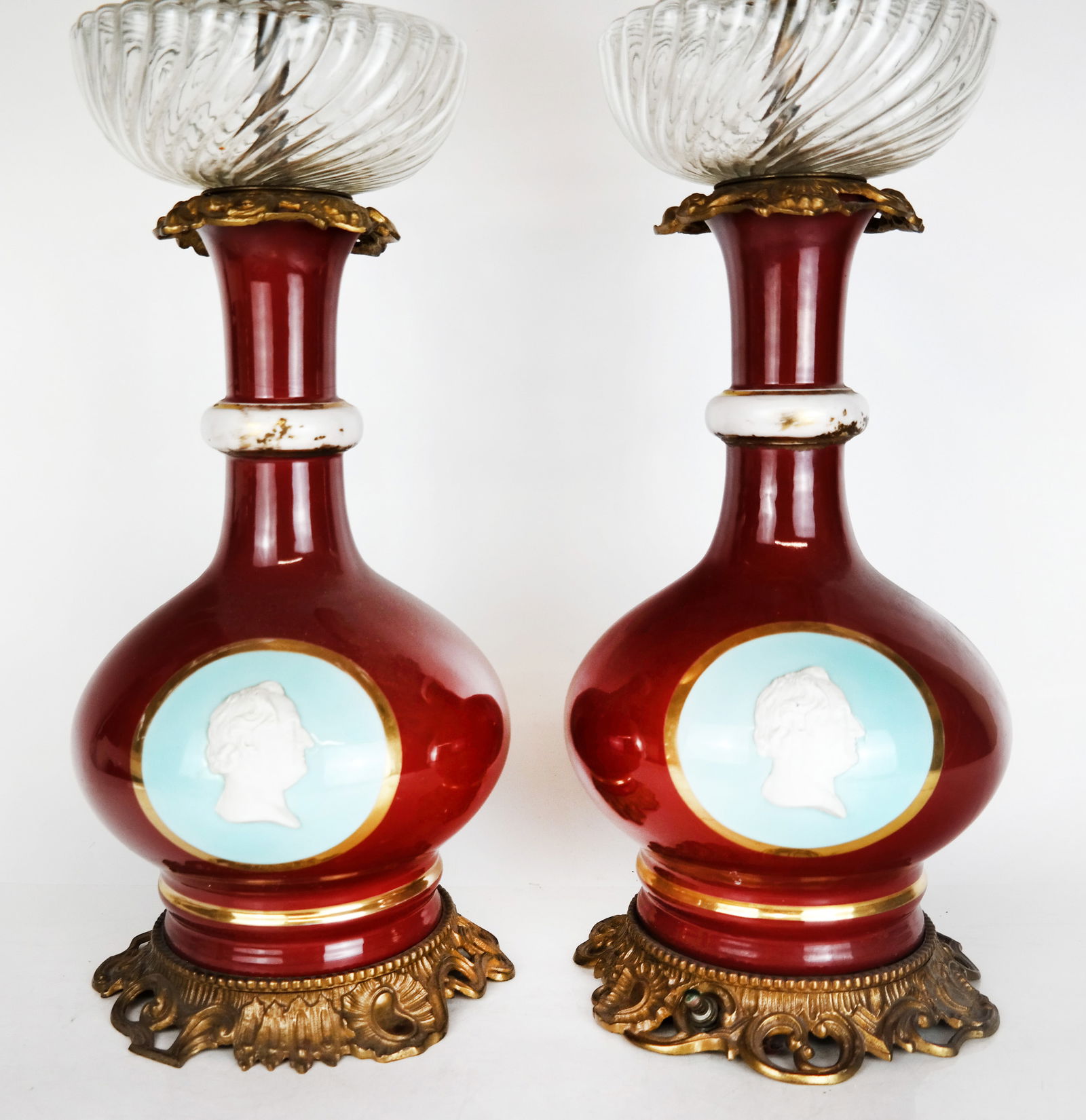 Pair of Gilt-Accented Porcelain & Glass Lamps (1 of 9)