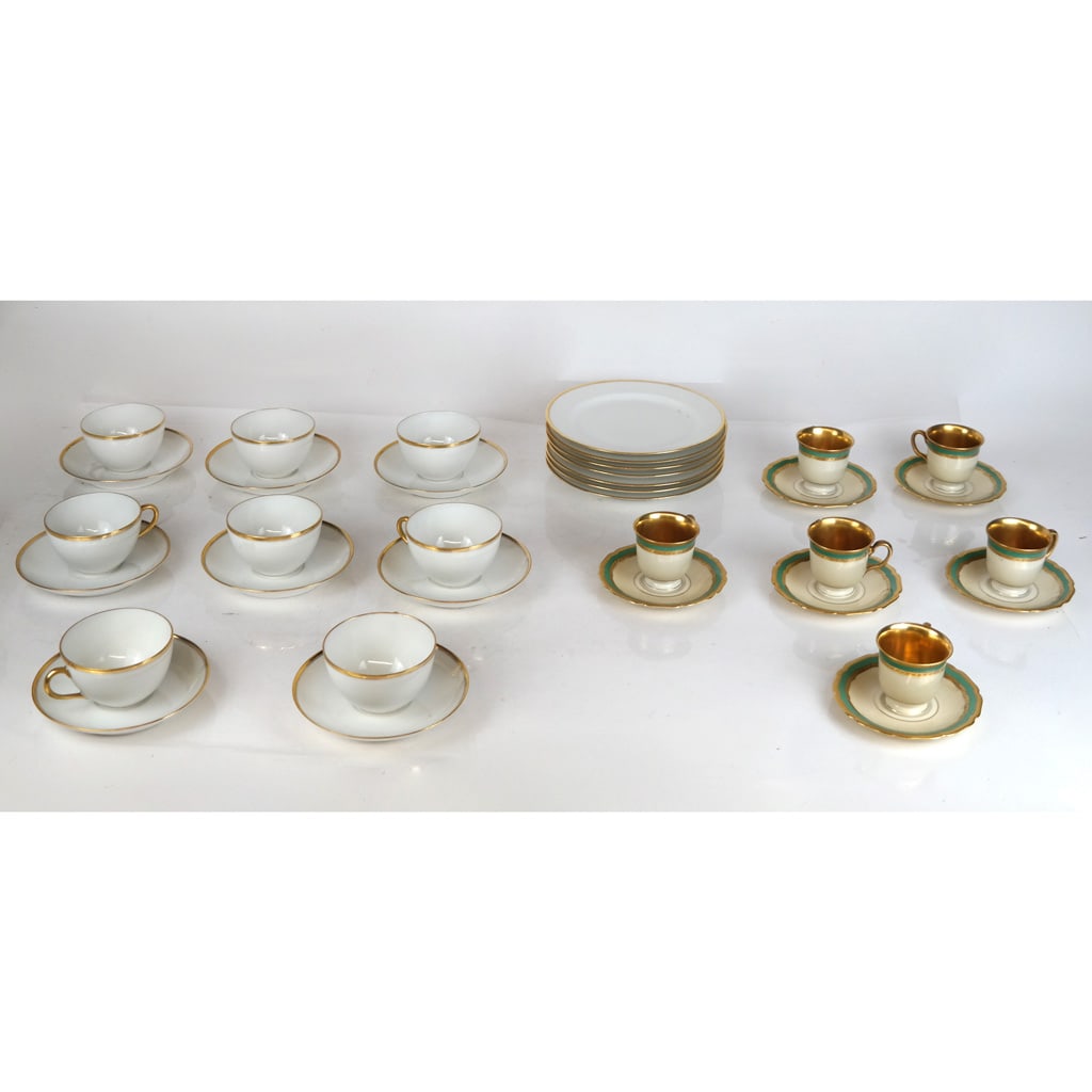 Continental Assembled Gilt-Accented Porcelain Service: Assembled Continental gilt-accented porcelain service, comprising Haviland Limoges French teacups and saucers, together with Rosenthal German porcelain demitasse coffee cups and saucers. [Largest: 5 5