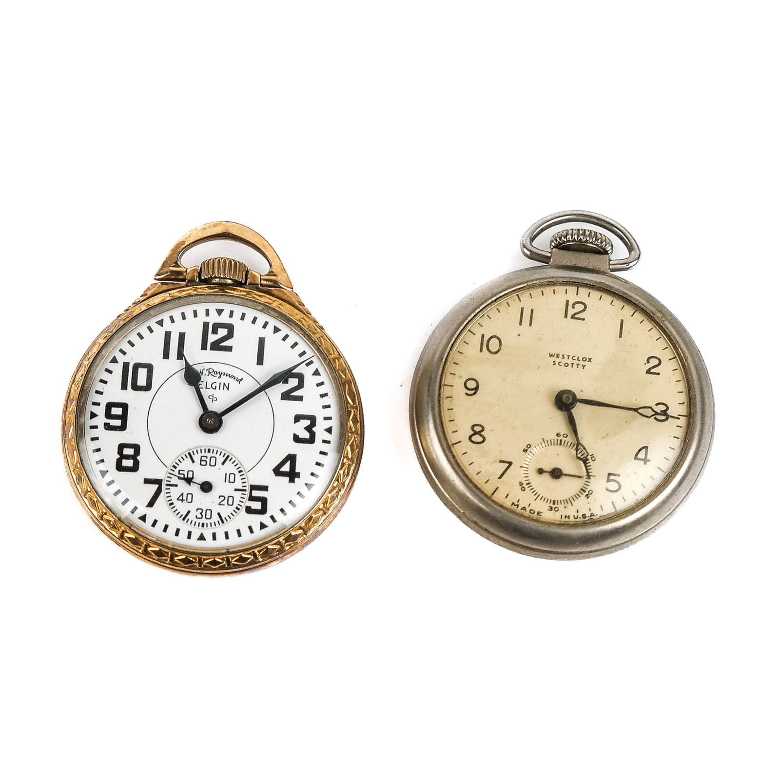 Two Pocket Watches: Elgion & Westclox: A group of two pocket watches, including: one Elgin B.W. Raymond 21-Jewel 10K gold filled manual wind pocket watch having a white face (40mm face diameter), together with a Westclox "Scotty" stainless
