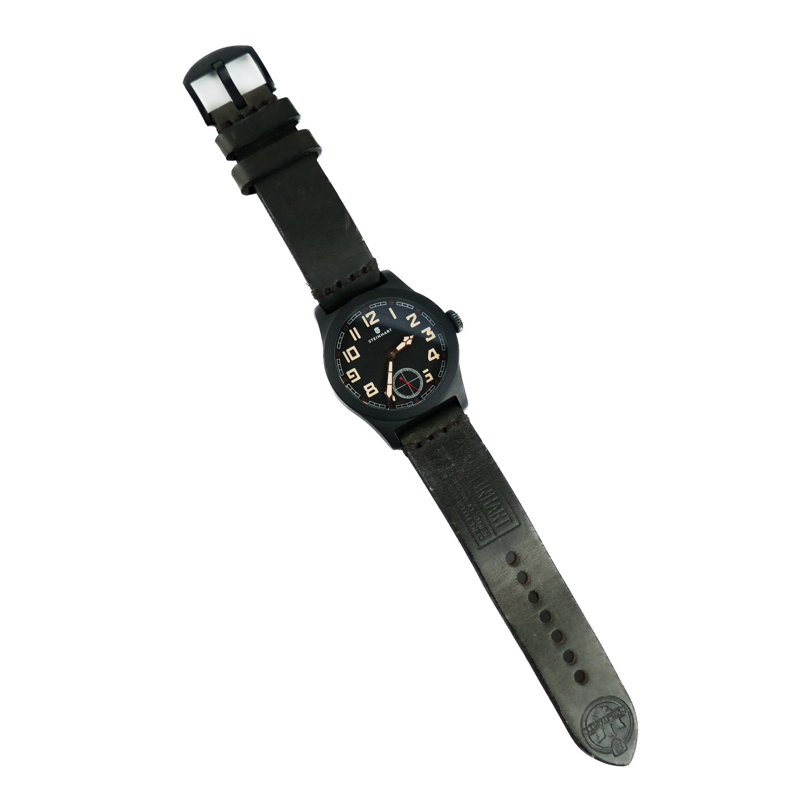 Steinhart Military 42 Manual Watch: A Steinhart Military stainless steel manual wind wristwatch having a black dial and case with a black leather band. ETA 6498, 35mm face diameter. In good condition with minimal wear.