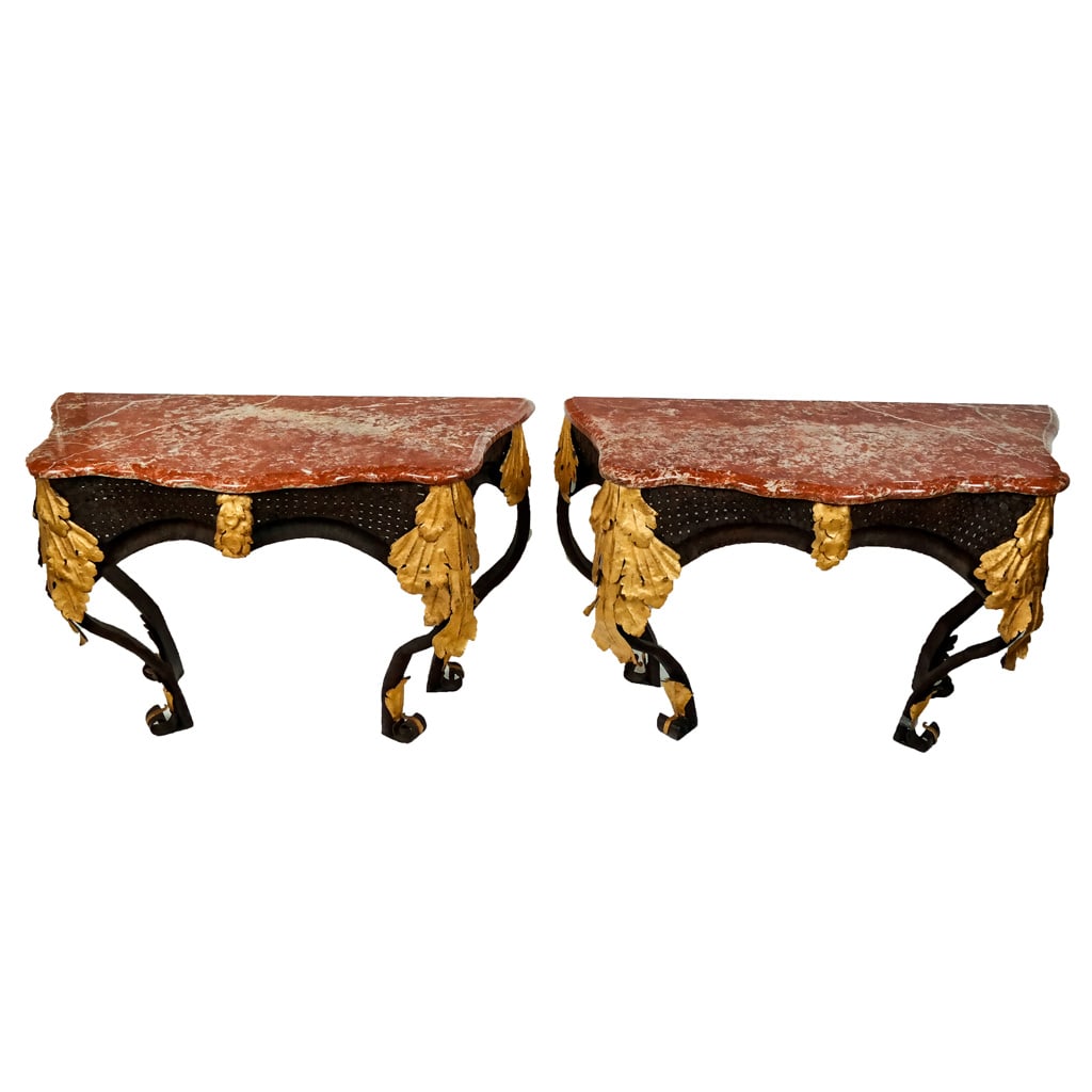 French Rococo Style Iron Console Tables: Unusual pair of modern Rococo-style iron console tables, circa 1940, probably French, the basket-woven aprons resting on cabriole legs accented with hammered gilt iron foliage, above conforming blush