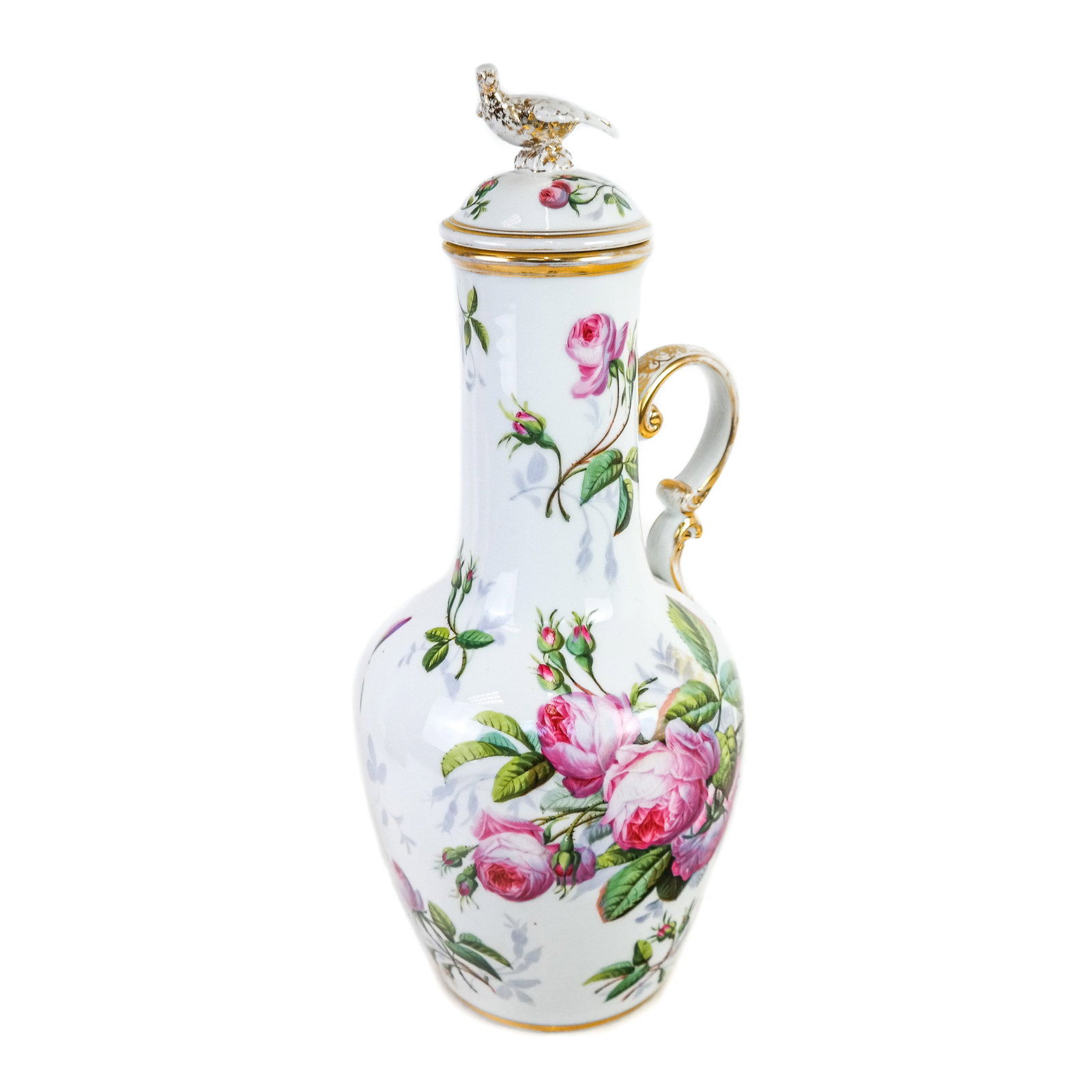 Continental Gilt-Accented Porcelain Covered Jug: Continental gilt-accented porcelain covered jug decorated with pink roses, with bird finial. [18" H x 9" Diam.]. Losses to gilt, with broken finial.