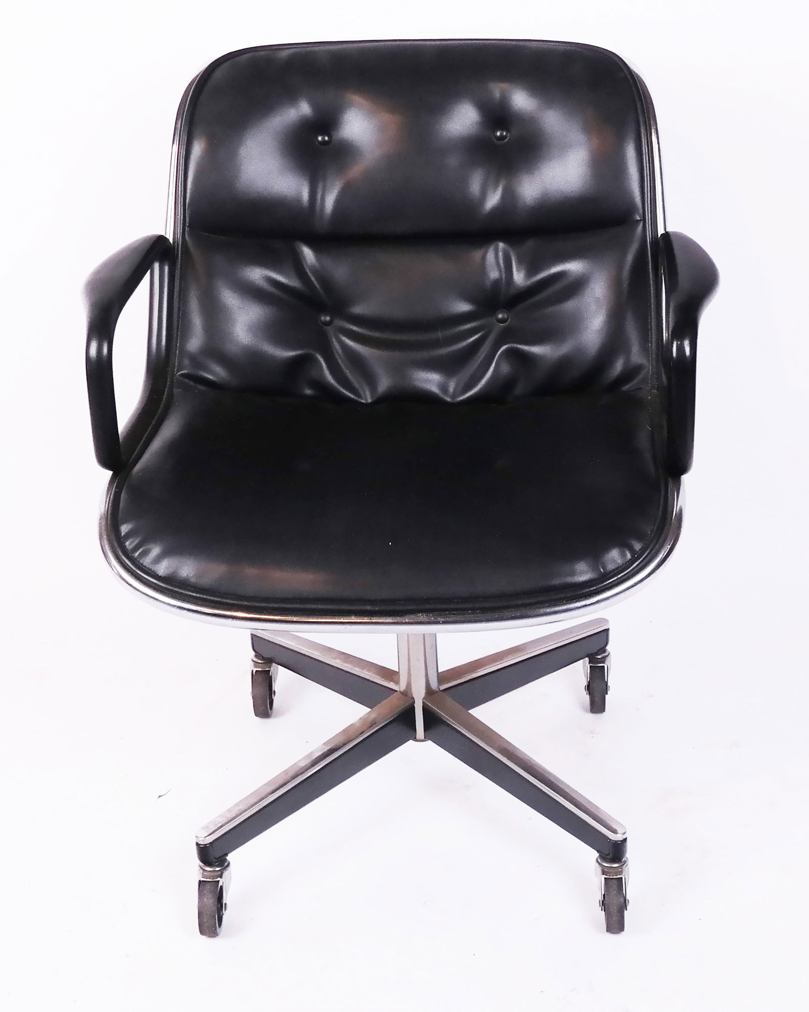 Charles Pollock-Designed Office Chair: Charles Pollock-designed office chair, possibly Knoll, the black plastic shell with black leather seat and chrome metal hardware; label removed. [33" H x 26 3/8" W]. Two buttons missing; scratch and w