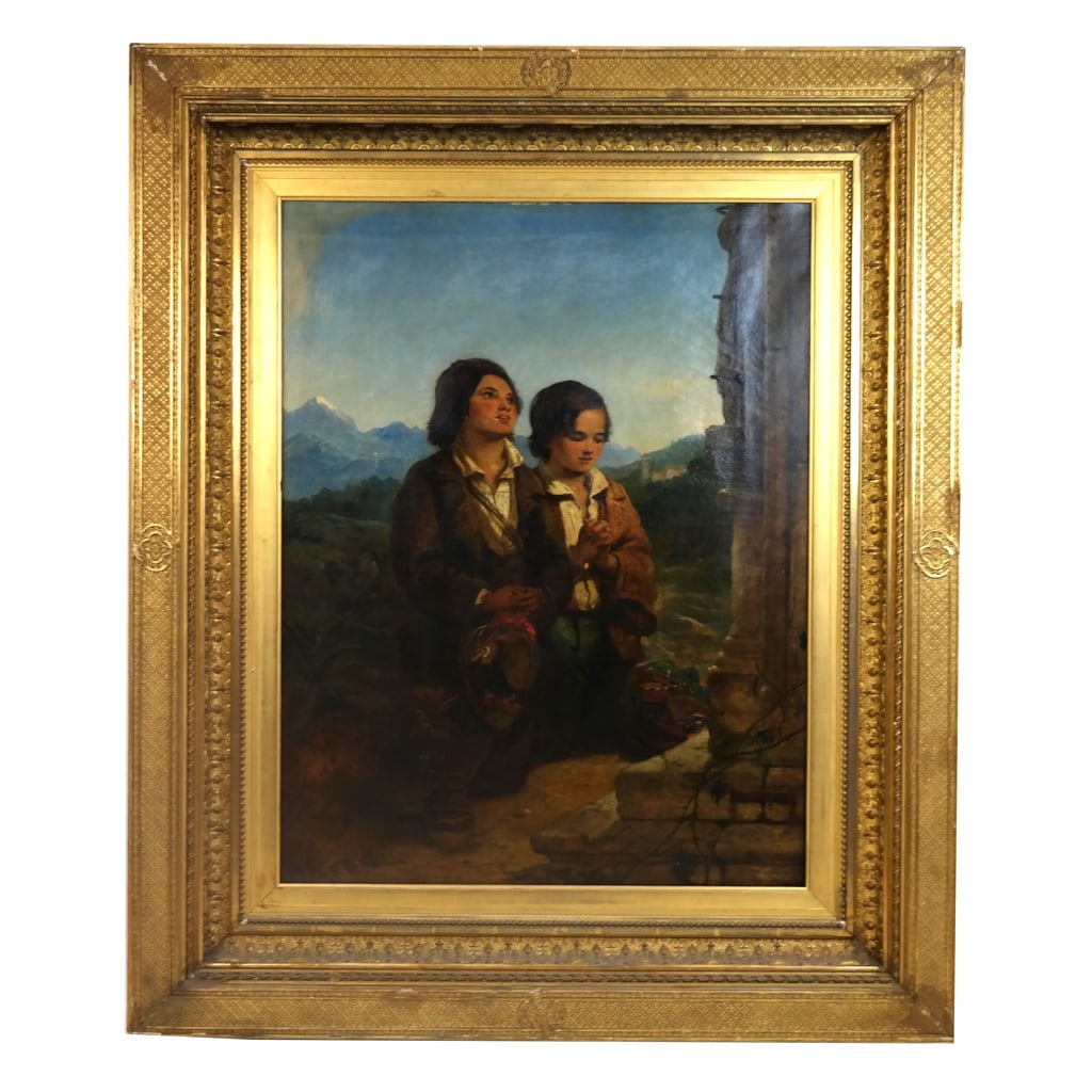 T.M. JOY: Boys Praying - Oil Painting: Thomas Musgrove Joy (British, 1812-1866) oil on canvas painting of two boys praying among ruins, in gilt frame. Provenance: Plaza Gallery, NYC. [Art: 36" H x 28" W; Frame: 61" H x 42" W].