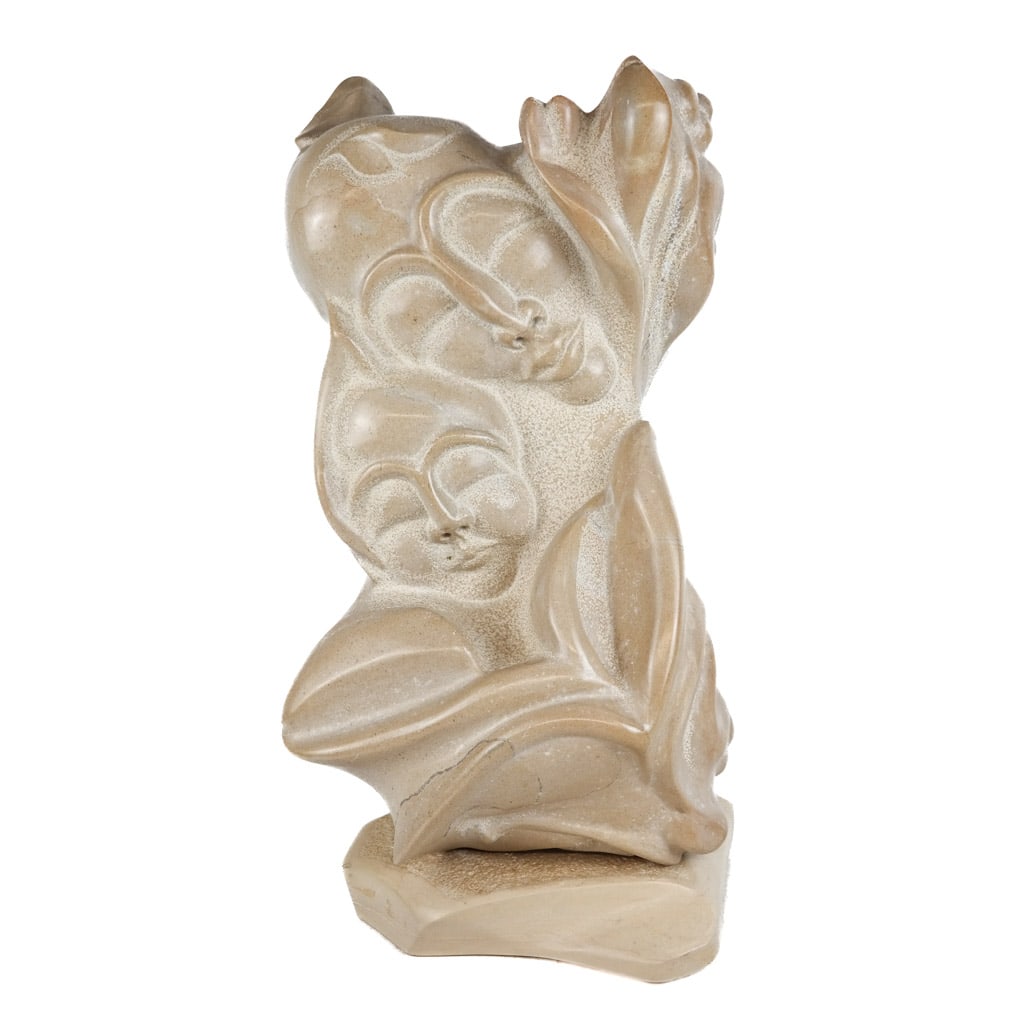 Modern Stone Sculpture of Mother & Child: Modern stone sculpture of a mother and child, signed illegibly. [21 1/2" H x 11" W x 11" D]. Locate at the Warehouse