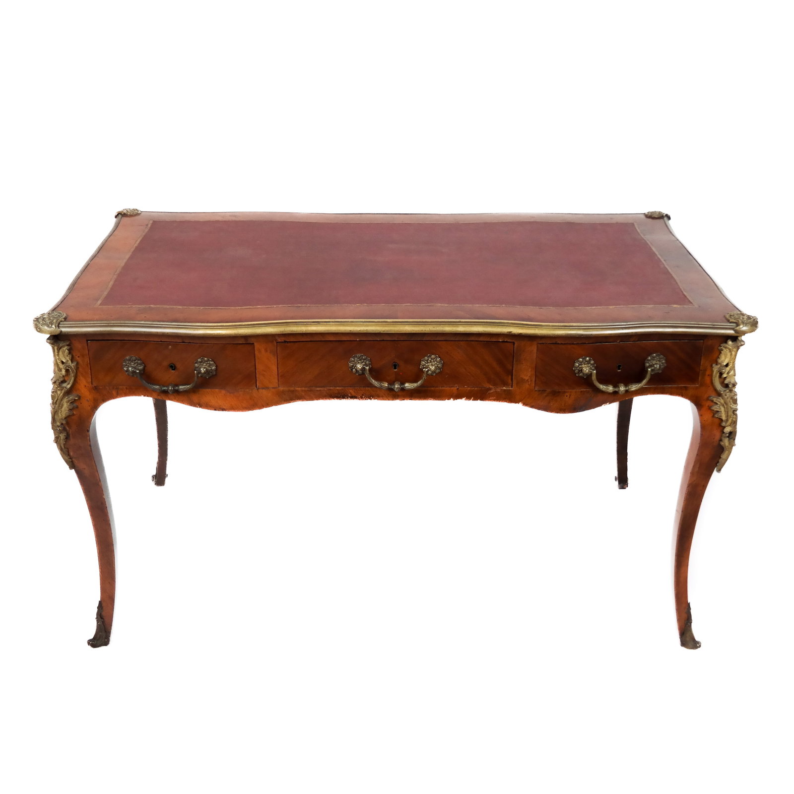 Louis XV-Style Bronze-Mounted Bureauplat: Louis XV-style gilt bronze-mounted bureauplat, late 19th century, the desk with inset tooled leather writing pad, with three small drawers opposing faux drawers over cabriole legs. [30" H x 52 1/2" W 