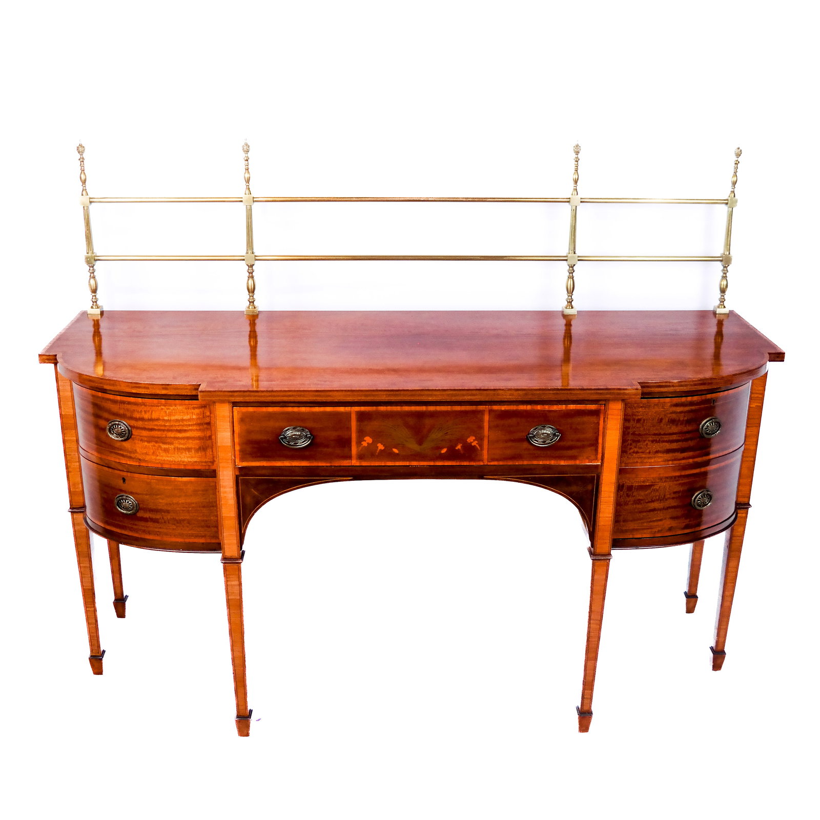 Federal-Style Mahogany Sideboard: Federal-style mahogany sideboard, early 20th century, with finial-accented brass gallery over the inlaid case, raised on tapered square legs. [55 1/2" H x 71 1/2" W x 25" D]. Crackling to veneers; are