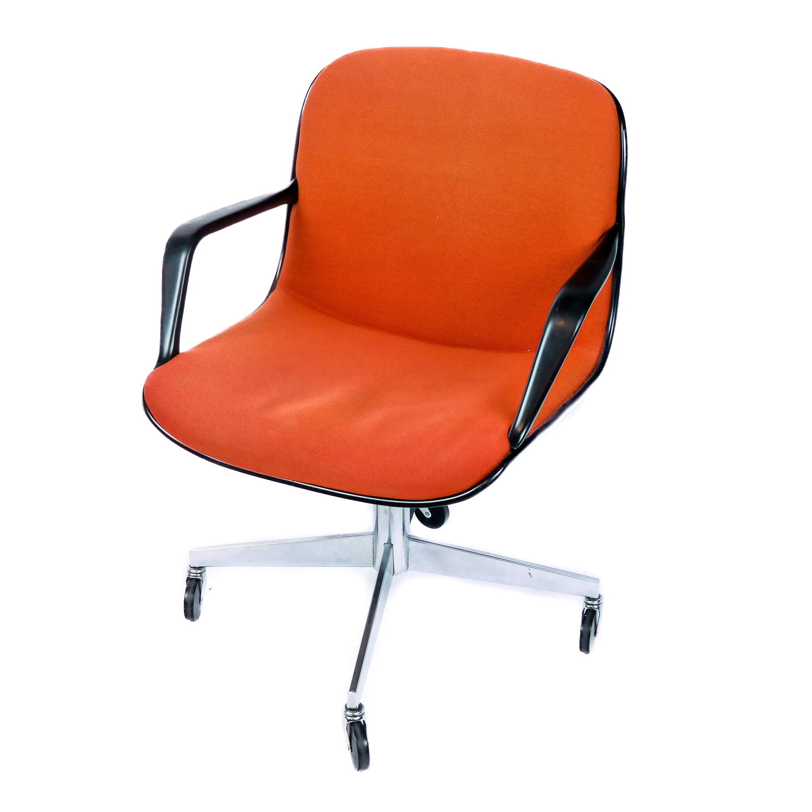 Modern Upholstered Office Armchair: Modern upholstered armchair, possibly Charles Pollock for Knoll, in the mid-century manner. [34" H]. Label missing to base; fabric fading, with soiling, marks and wear.