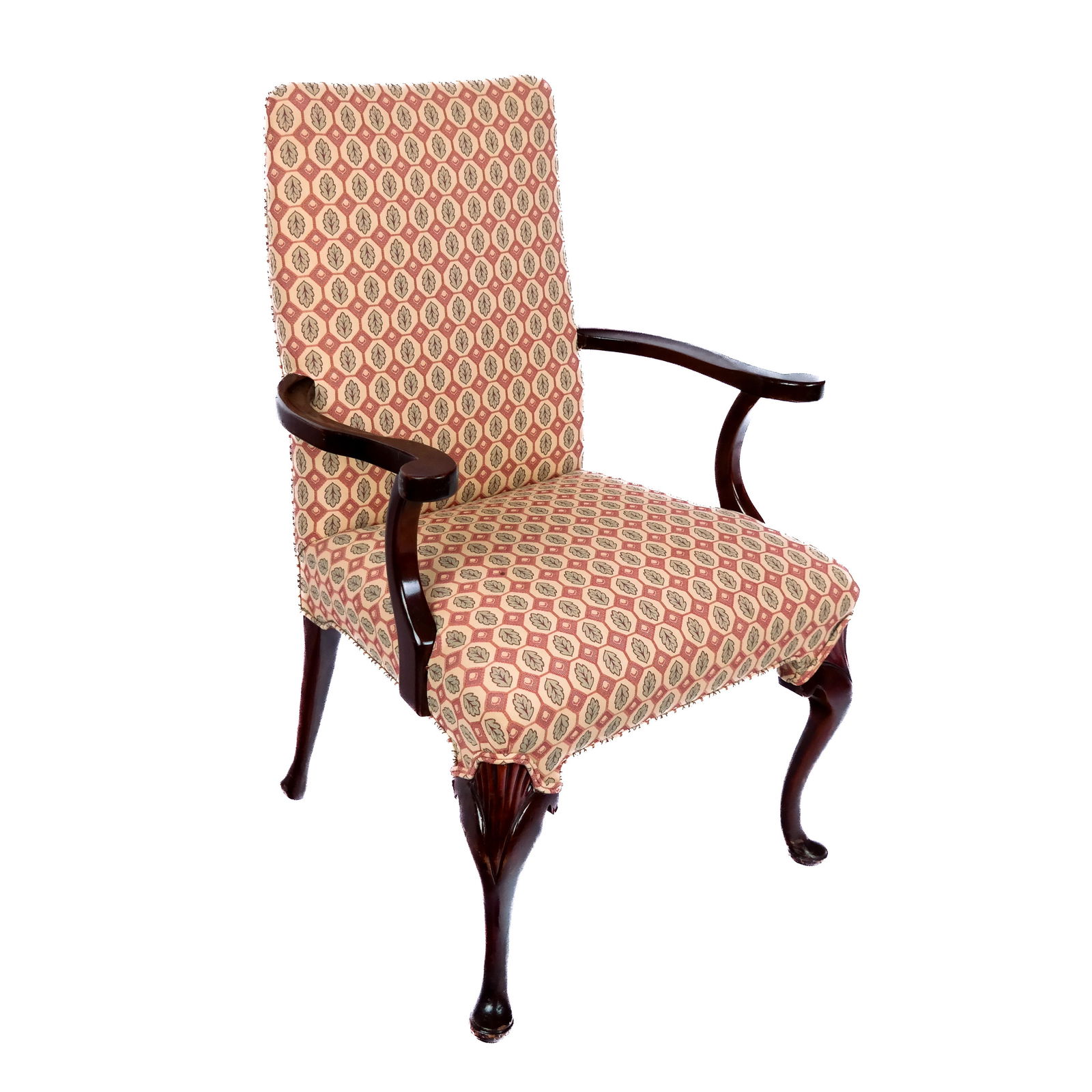 Georgian-Style Upholstered Armchair: Georgian-style upholstered armchair with curved arms and pad feet. [40" H x 25" W x 25" D]. Minor marks and wear to fabric and frame.