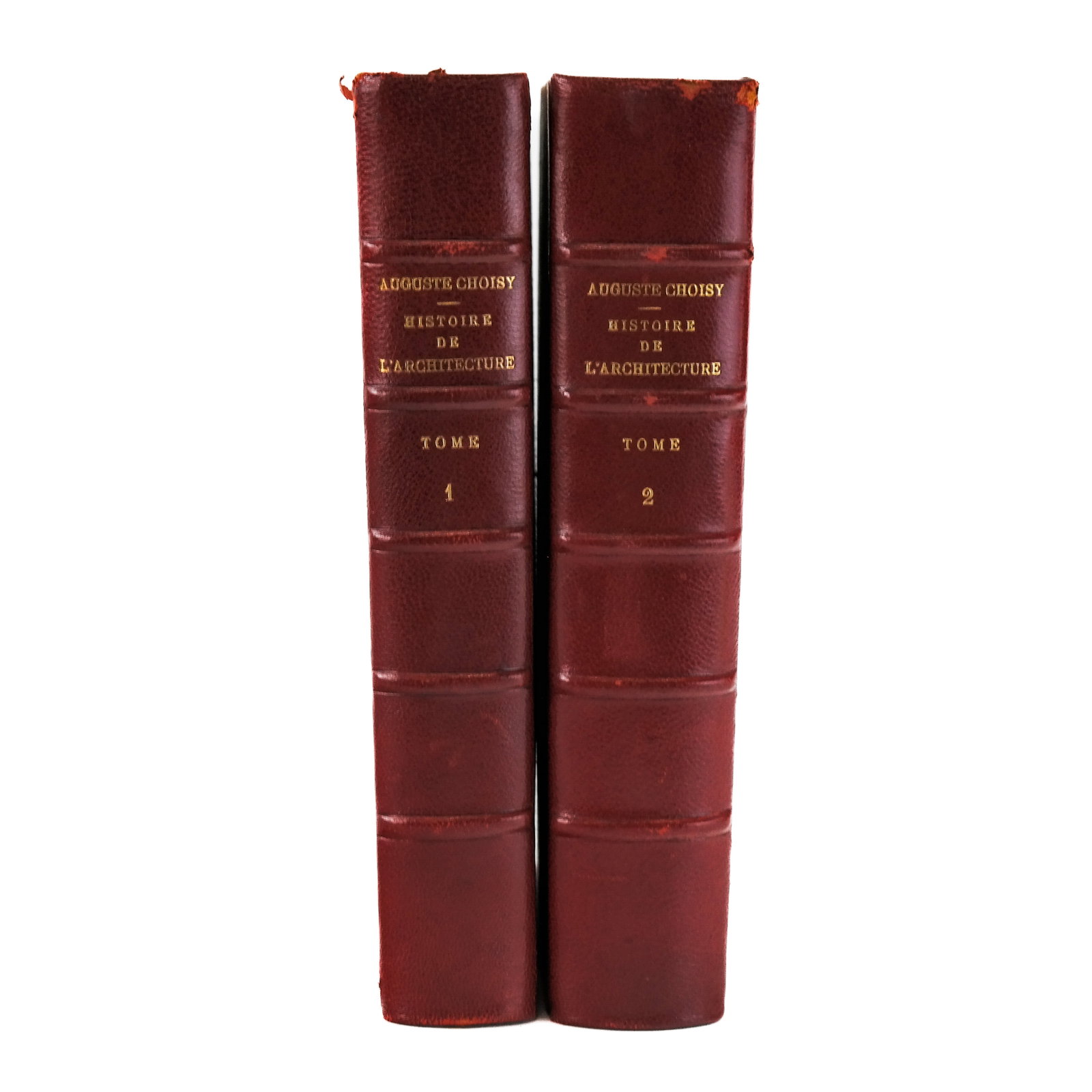 French Bindings: Choisy Histoire de l?architecture: Auguste Choisy, 2 volumes, half red leather with gilt lettering, marbled boards, Libraire Georges Baranger, Paris. Provenance: From the library of Thierry Despont [9 7/8 x 6 1/2 inches] Locate at the 