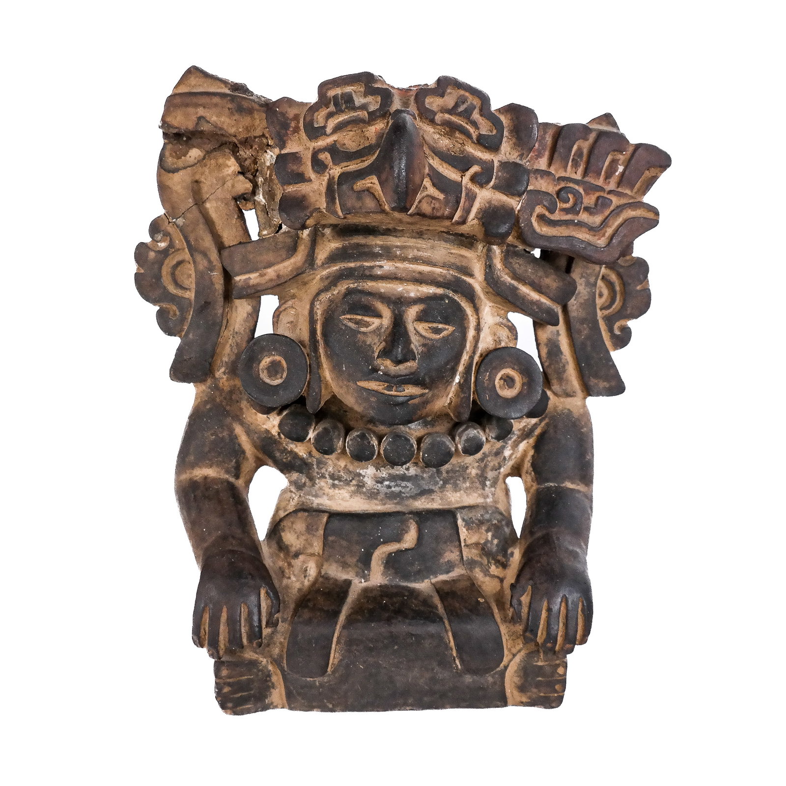 Pre-Columbian Manner Zapotec Monte Alban Deity: Pre-Columbian manner, Zapotec Monte Alban terracotta urn depicting the deity Cociyo. [9 1/2" H x 8 3/4" W x 6 1/2" D]. Upper sections broken and re-glued.