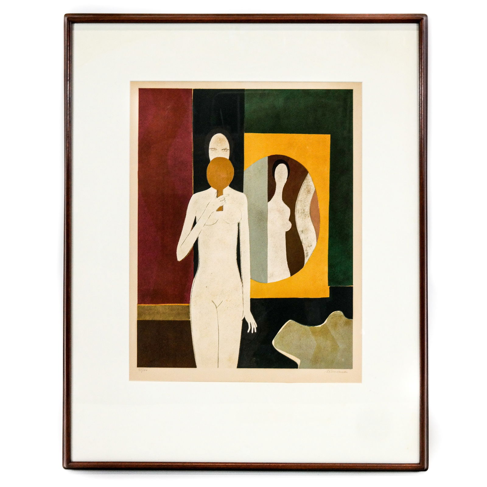 Andre MINAUX: Nude Female - Lithograph: Andre Minaux (French, 1923-1986) lithograph of a nude female holding a hand mirror, signed lower right, numbered 51/100. [Art: 26" H x 20" W; Frame: 42" H x 34" W].