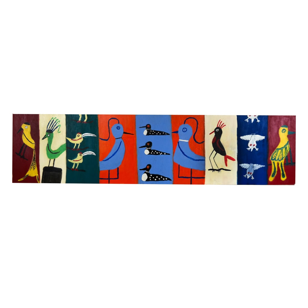 P. GRAUBARD: "Bluebird Bookends" - Oil Painting: Paul Graubard (American, b. 1932) oil on wood painting titled "Bluebird Bookends", a study of exotic birds, signed and titled on back. [12" H x 48" W].