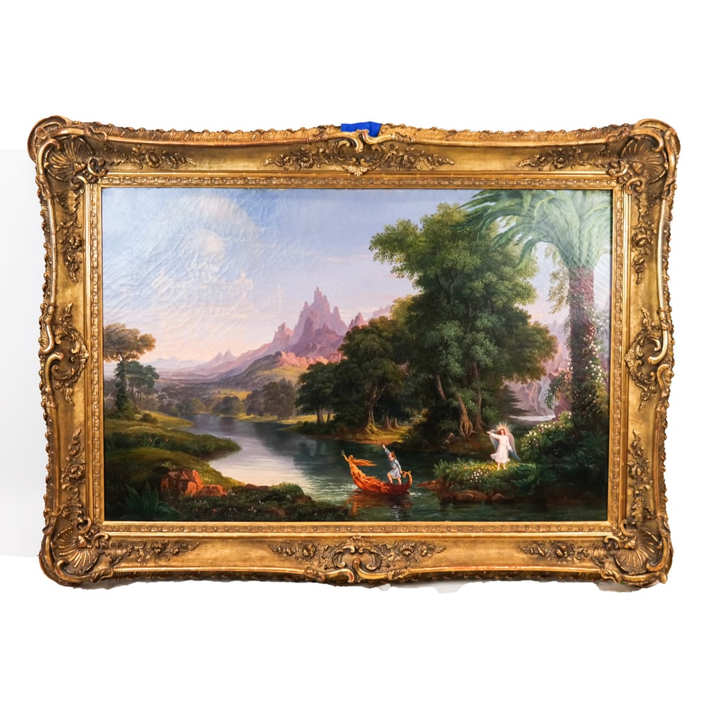 After Thomas COLE: Allegorical Study - Oil Painting: Large oil on canvas allegorical study for "Voyage of Life" after Thomas Cole, depicting an archangel and a person in a boat heading upriver to a city in the clouds, bearing Marty Scherer Paintings lab