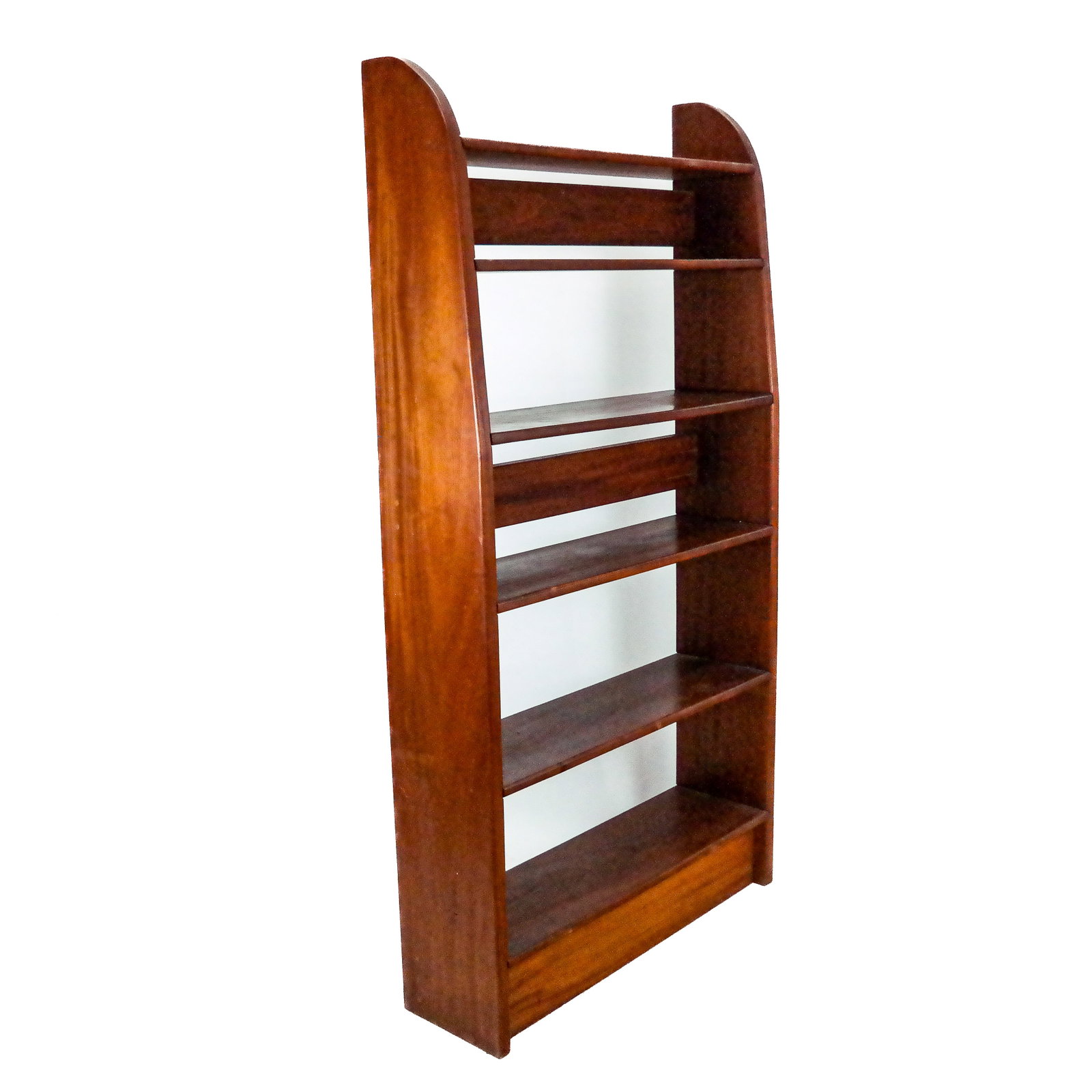 Mid-Century Modern-Style Teak Bookcase: Mid-century modern-style teak bookcase with shaped sides, six shelves and decorative dowel accents. [79 1/2" H x 42" W x 12" D]. Locate at the Warehouse