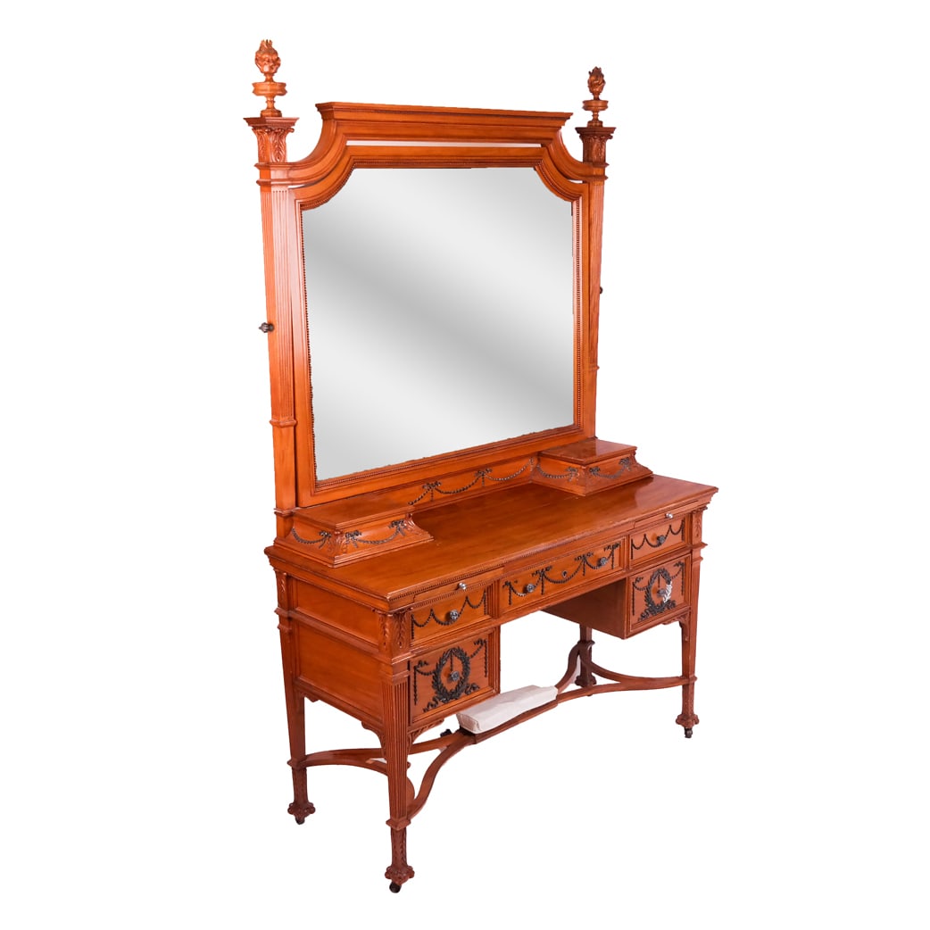 Adam-Style Decorated Vanity: Two-part maple vanity with scroll and wreath raised decoration, raised on casters. [78 3/4" H x 53 1/2" W x 20 1/2" D; 25 1/2" H to center apron.]. Missing some decoration.