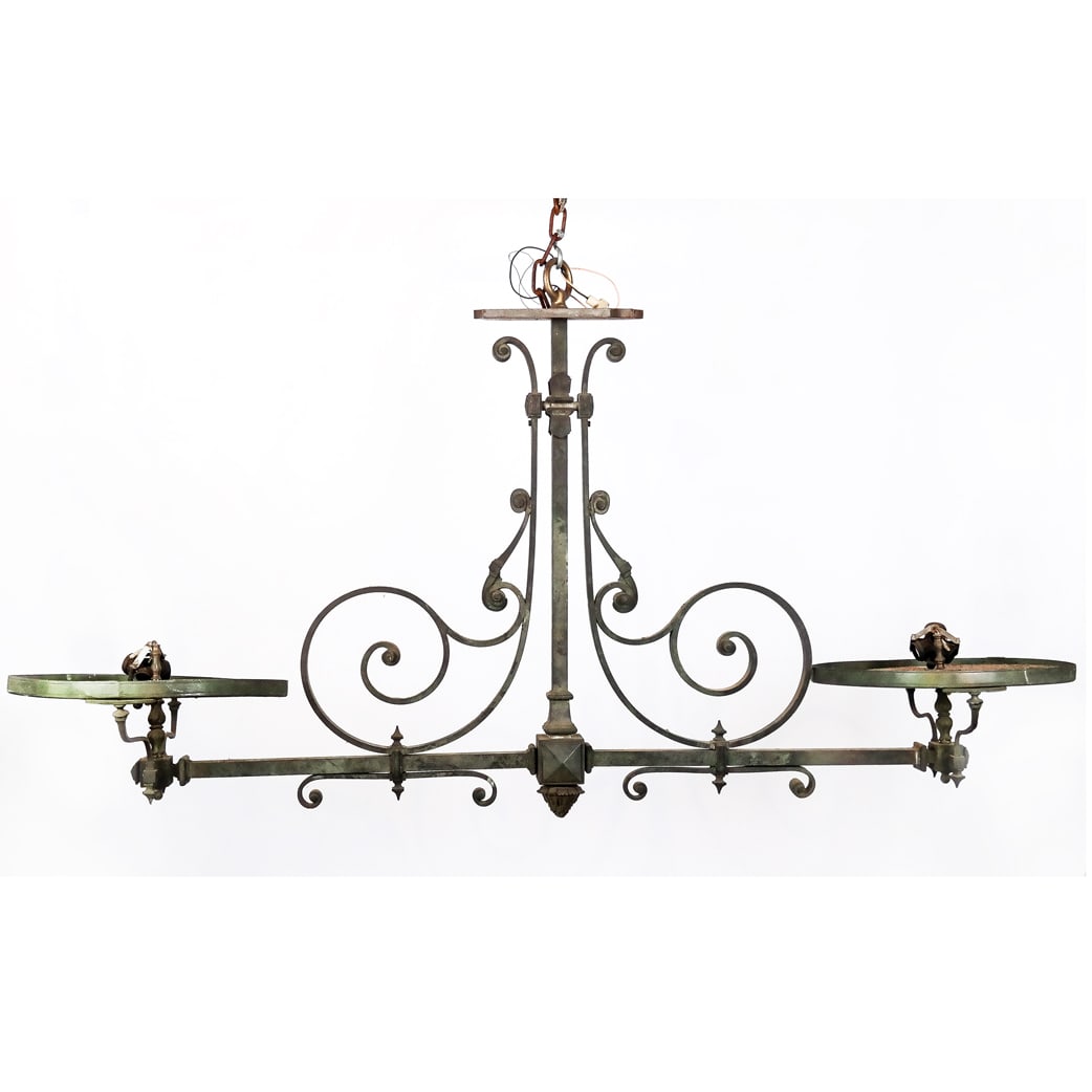 Large Billiard Chandelier: Large billiard chandelier. [36" H x 66' W x 16 1/2" D]. Missing a glass plaffonier pane, and missing shades (globes).