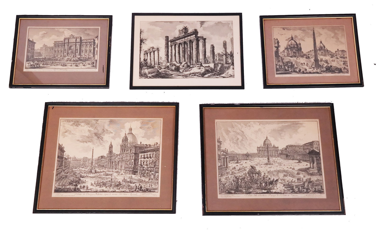 After PIRANESI: Group of Five Prints: Group of five (5) etchings and digital prints, after Piranesi. [Largest frame: 17 3/4" H x 22 1/2" W]. Scattered damage.