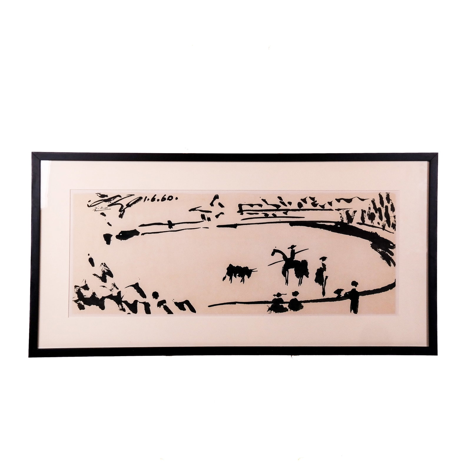Pablo PICASSO: Bullfight - Print: Picasso bullfight print. Provenance: From the Collection of renowned architect and designer Thierry Despont. [Art: 12" H x 31" W; Frame: 19 1/2" H x 39" W]. In good condition.