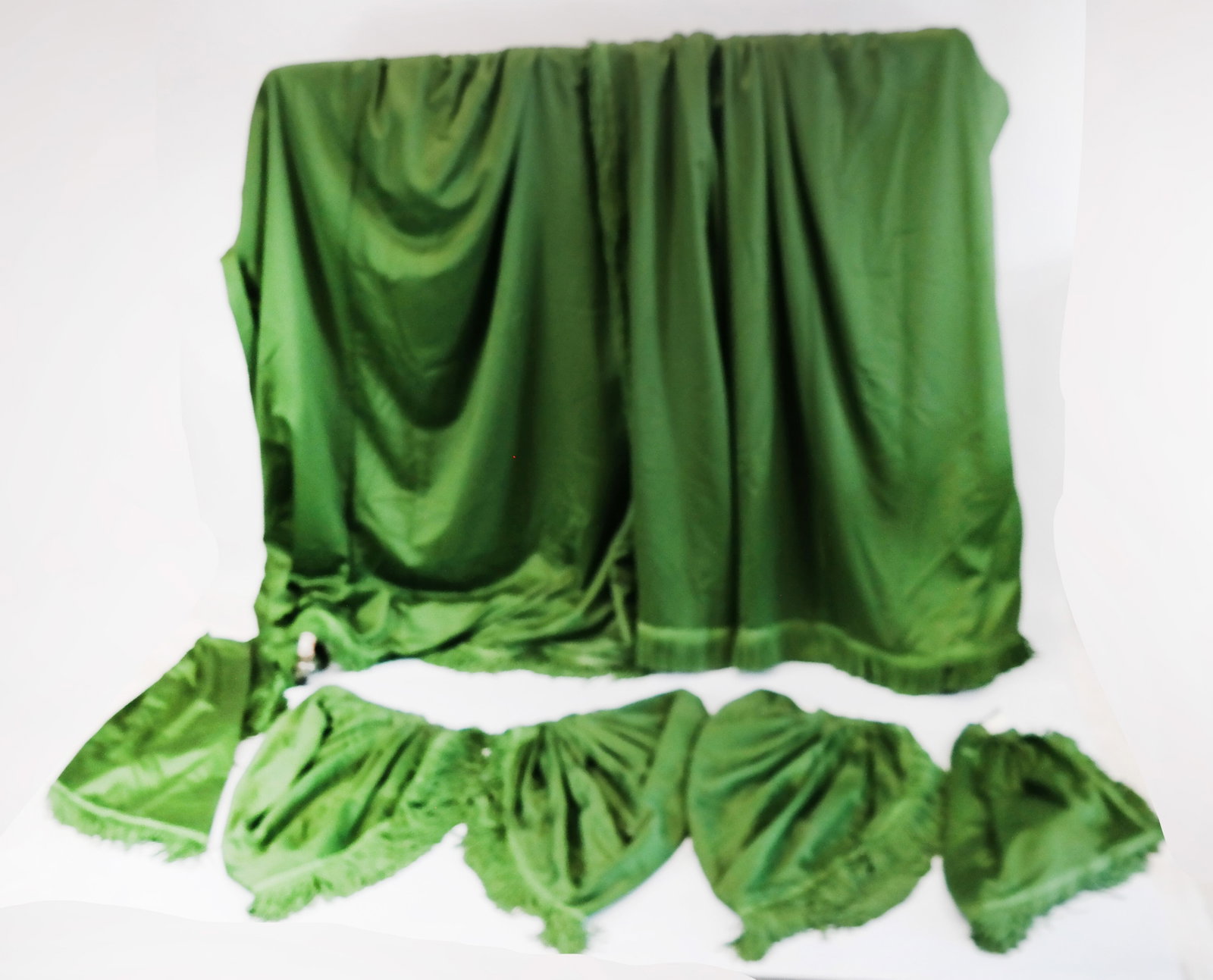 Three Sets of Olive Satin and Fringe Curtains: Three sets of olive and fringe curtains with rod. [Width of rod: 92'; length of curtains: 92' Width ]Located at the Warehouse