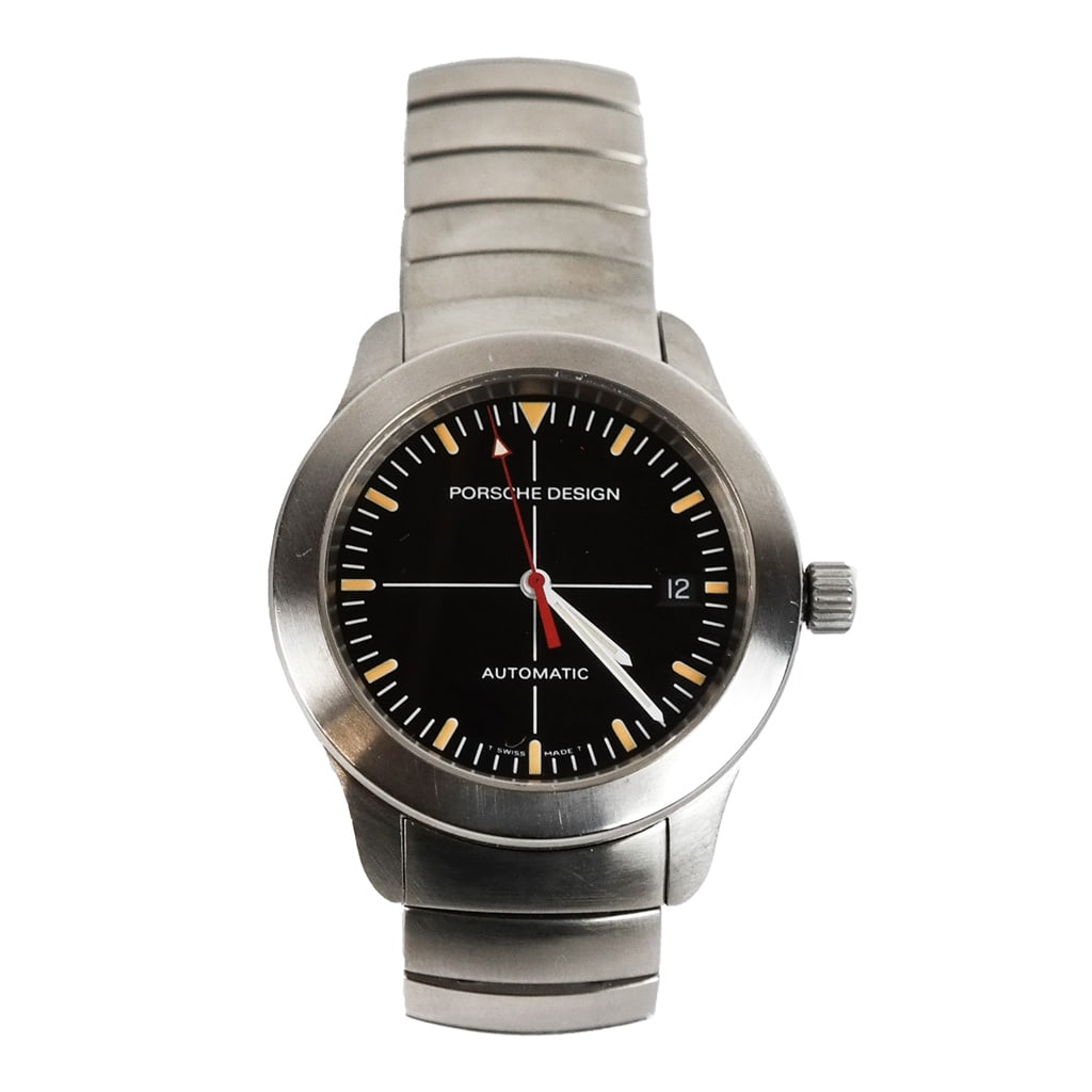 Porsche by Eterna Stainless Steel Wristwatch: A Porsche designed by Eterna 6602.41 wristwatch having a black dial date and stainless steel band, 28mm face diameter, 109.132. In good condition with minimal wear.