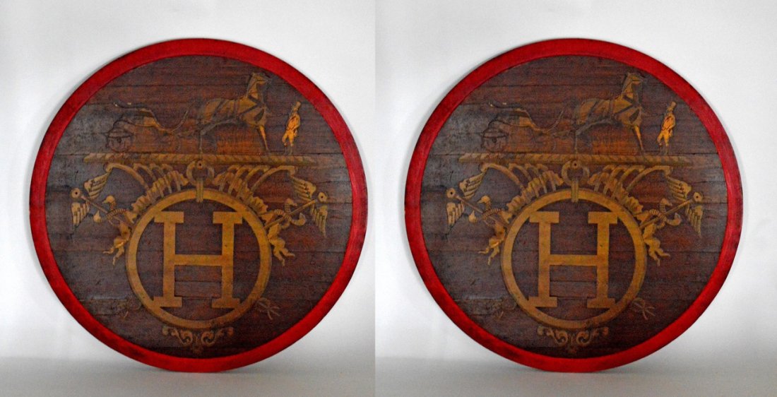 Pair of "H" Monogram Bronze Inlay Rondels: Circular Mahogany Plaques with Armorial Bronze Inlay bearing a large "H". Art 30 1/4", Overall 33 1/2". Scratches and scuffs.