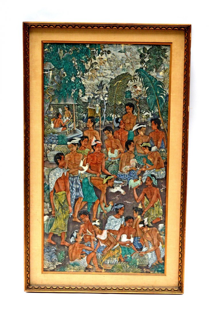 Balinese Style Court Scene: Oil on canvas, Balinese style court scene. Framed. 50 x 27"H."