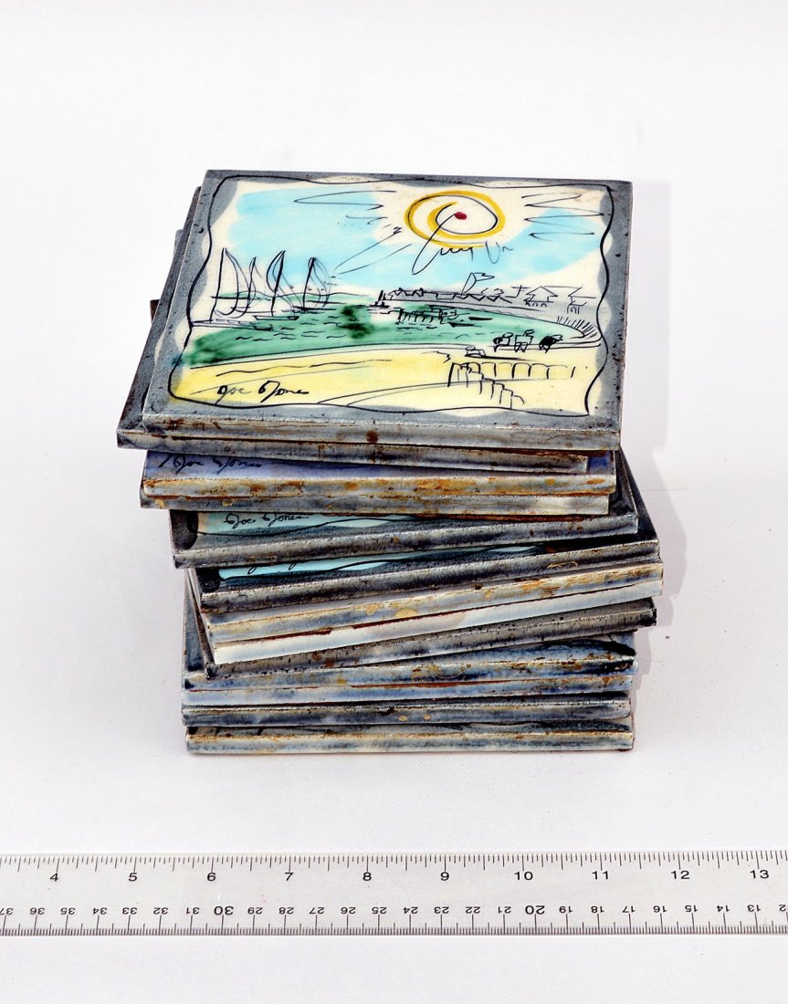 Joe Jones, Thirteen Tiles: Thirteen decorated glazed tiles by Joe Jones, American Artist. 6 x 6". Good Condition"