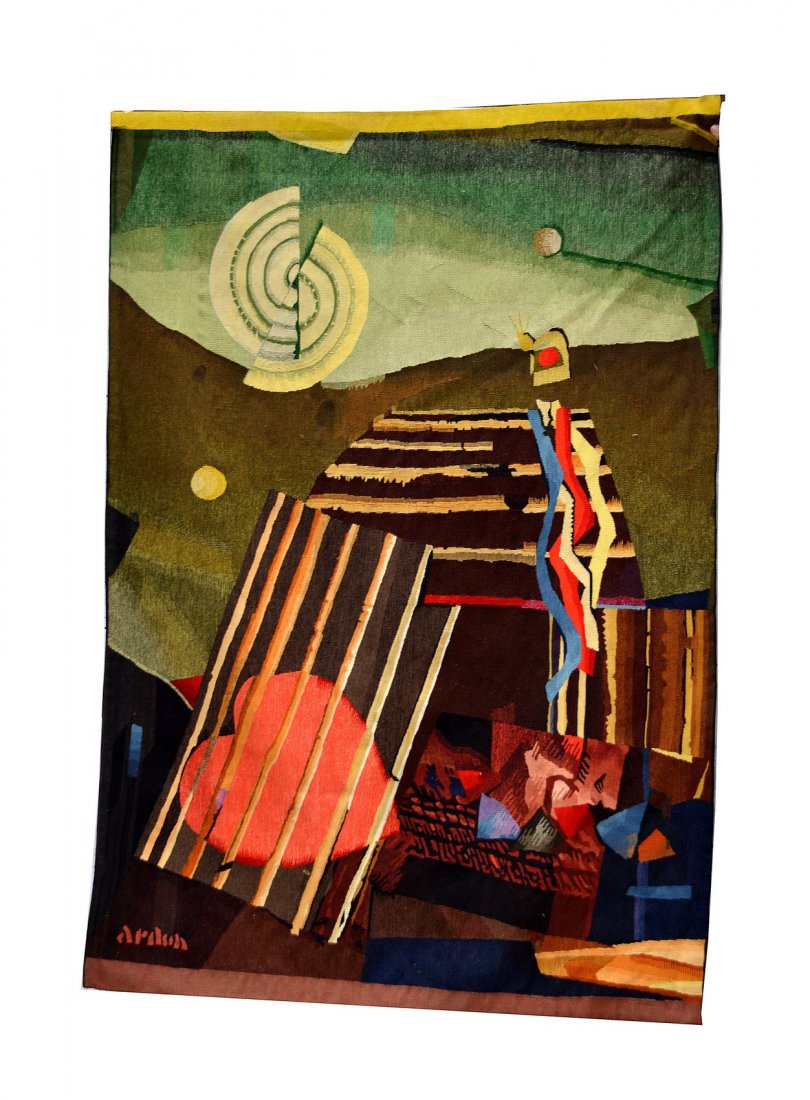 Modern Israeli Tapestry: Decorated modern tapestry, signed lower left: "Mordecai Ardon, 'Midrach' ". Good condition. 54" x 78".