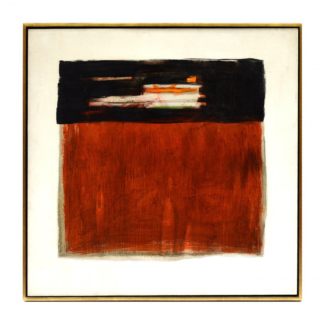 Mildred Wohl, Abstract Composition: Abstract oil on masonite, "M. Wohl" written on back. Frame: 50" x 50"; Art: 48" x 48". Light soiling to background.