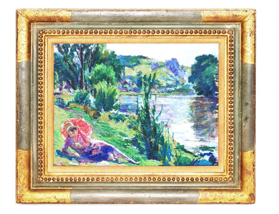 William Malherbe, Oil on Board: Impressionist-style depiction of a woman with a parasol reclining beside a river with hills and a village beyond. Signed bottom right. Verso bears multiple labels. Art: 13 3/4" x 17 3/4"; Frame: 21 1/