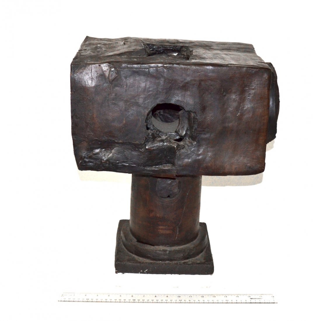 Ursula Meyers, Signed Abstract Ceramic Sculpture,: Abstract composition with column form base and cube with interior voids,signed. Circa 1970. 17 1/2" W x 13 1/2" D x 21" H. Complete.