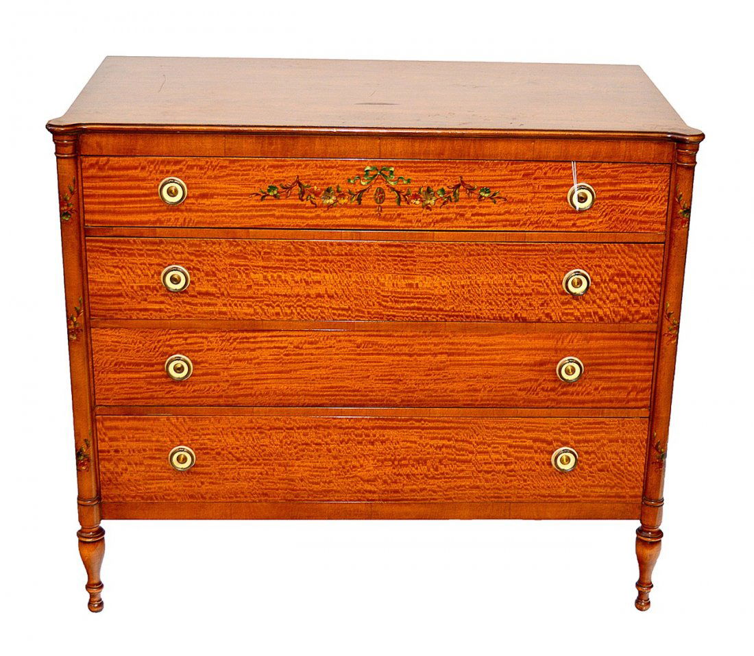 John Stuart Decorated Chest: Four drawer floral decorated mahogany chest. Good condition. 44 1/2" L x 22 1/4" D x 38" H.